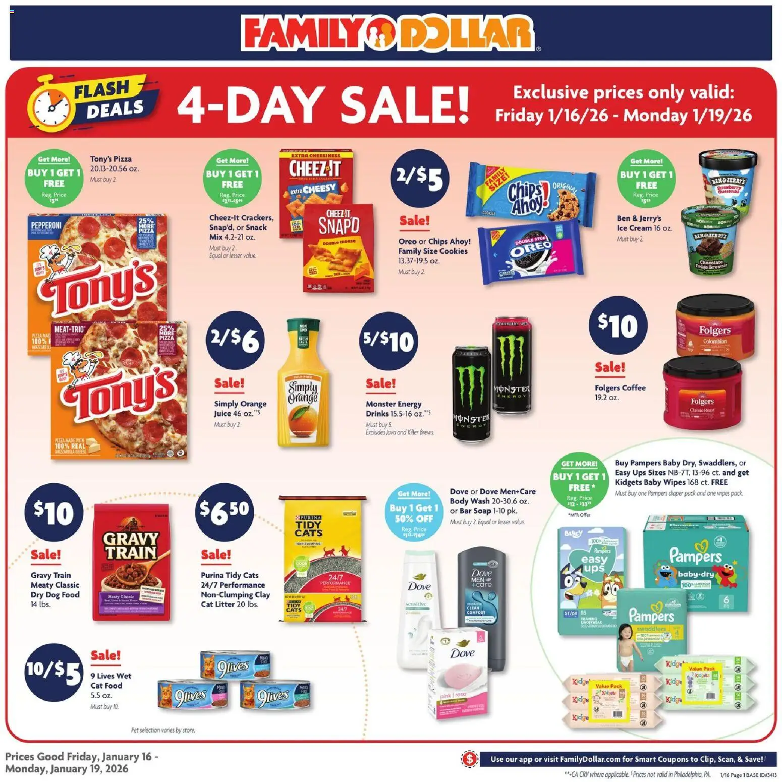 Family Dollar Current Ad - TX - valid from 16.01.2026 | Page: 1 | Products: Dog Food, Pizza, Juice, Cookies