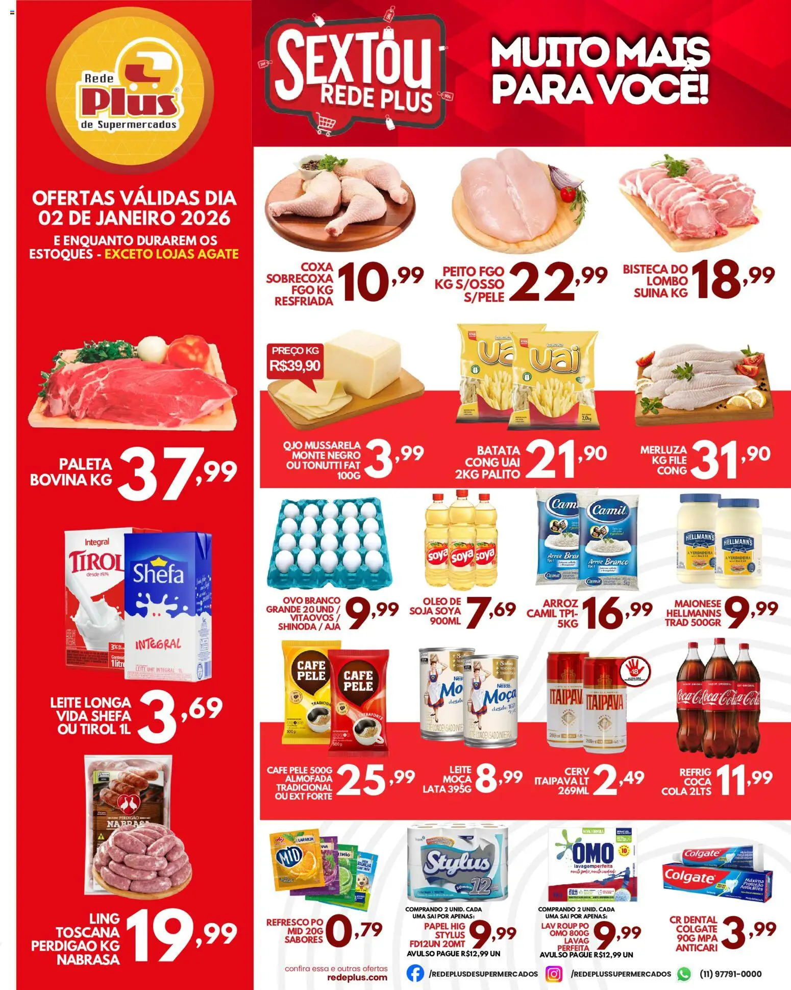 Rede Plus Supermercados Folheto - válido de 02.01.2026 | Página: 1 | Produtos: Leite, Arroz, Mussarela, Soja