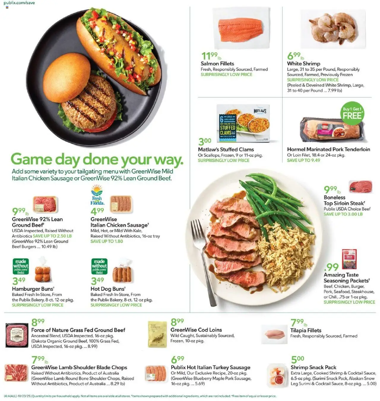 Publix Weekly Ad - valid from 22.10.2025 | Page: 4 | Products: Pork, Beef, Sausage, Game