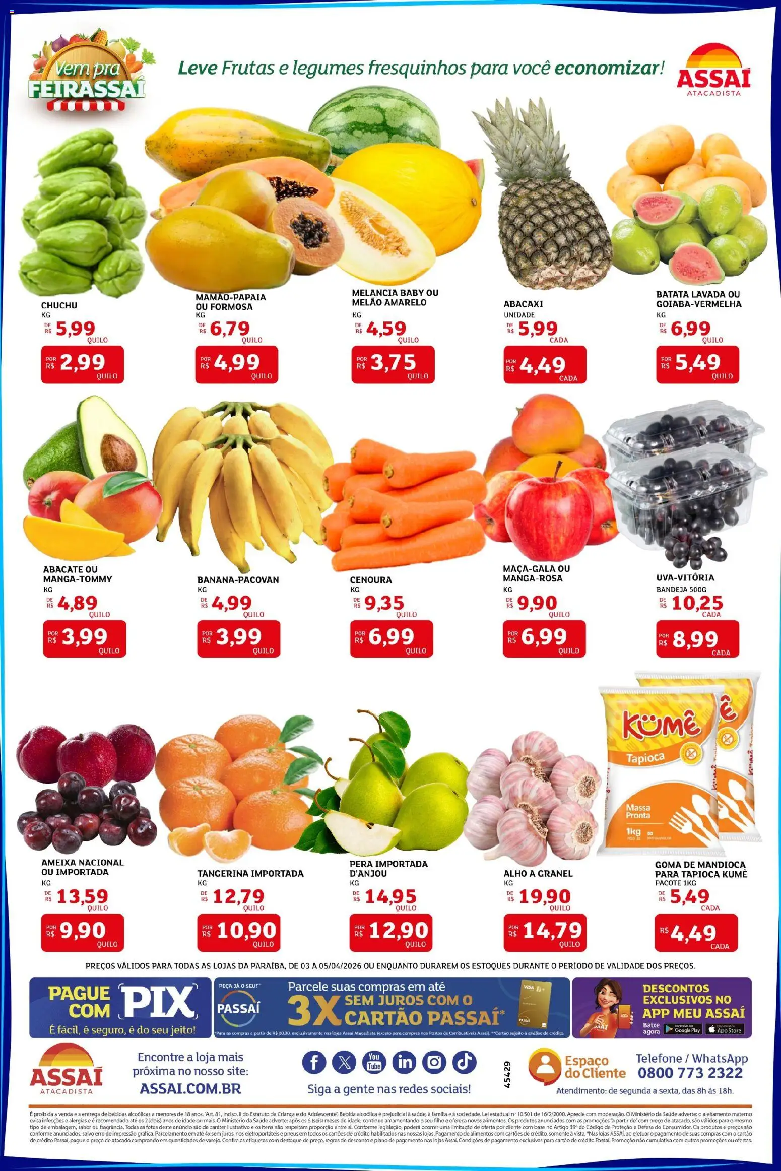 Assaí Atacadista Folheto - válido de 03.04.2026 | Página: 3 | Produtos: Chuchu, Mandioca, Base, Bandeja