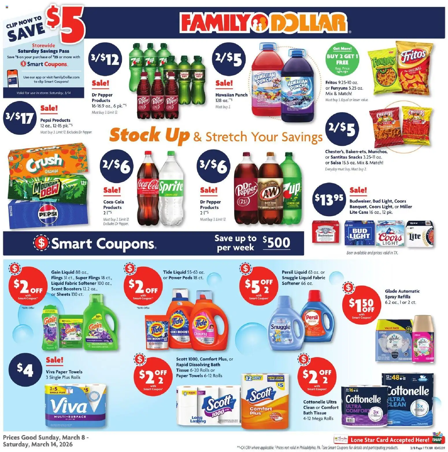 Family Dollar Weekly Ad - valid from 08.03.2026 | Page: 1 | Products: Clip, Beer, Fabric softener, Pepper