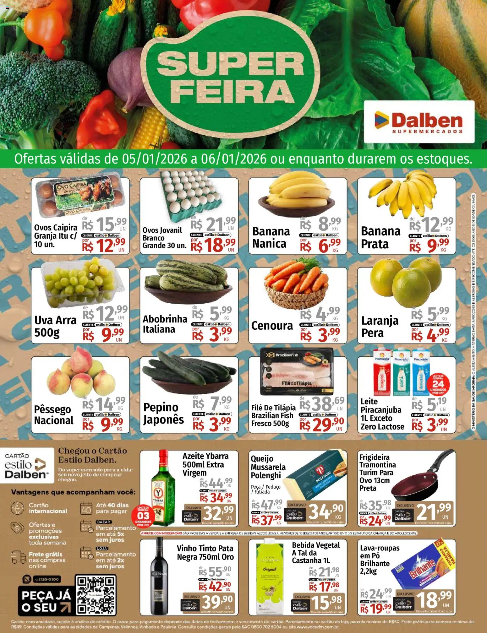 Supermercado Dalben Folheto - válido de 05.01.2026 | Página: 1 | Produtos: Pêssego, Ovos, Cenoura, Mussarela