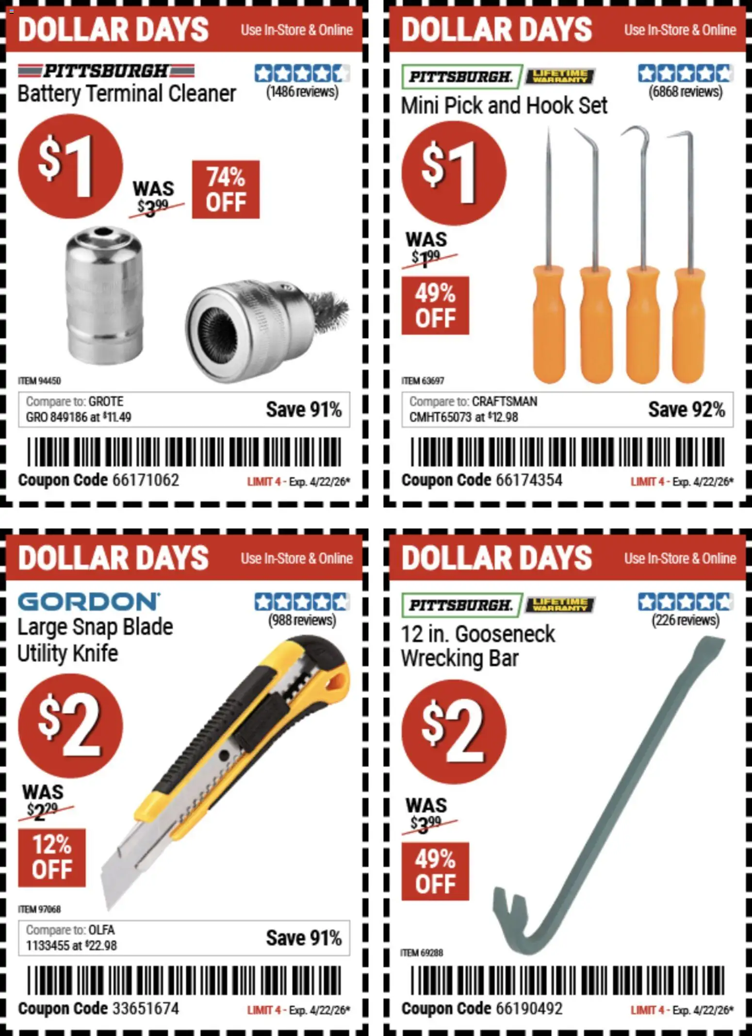 Harbor Freight Dollar Days - valid from 09.04.2026 | Page: 2 | Products: Utility Knife, Hook, Battery