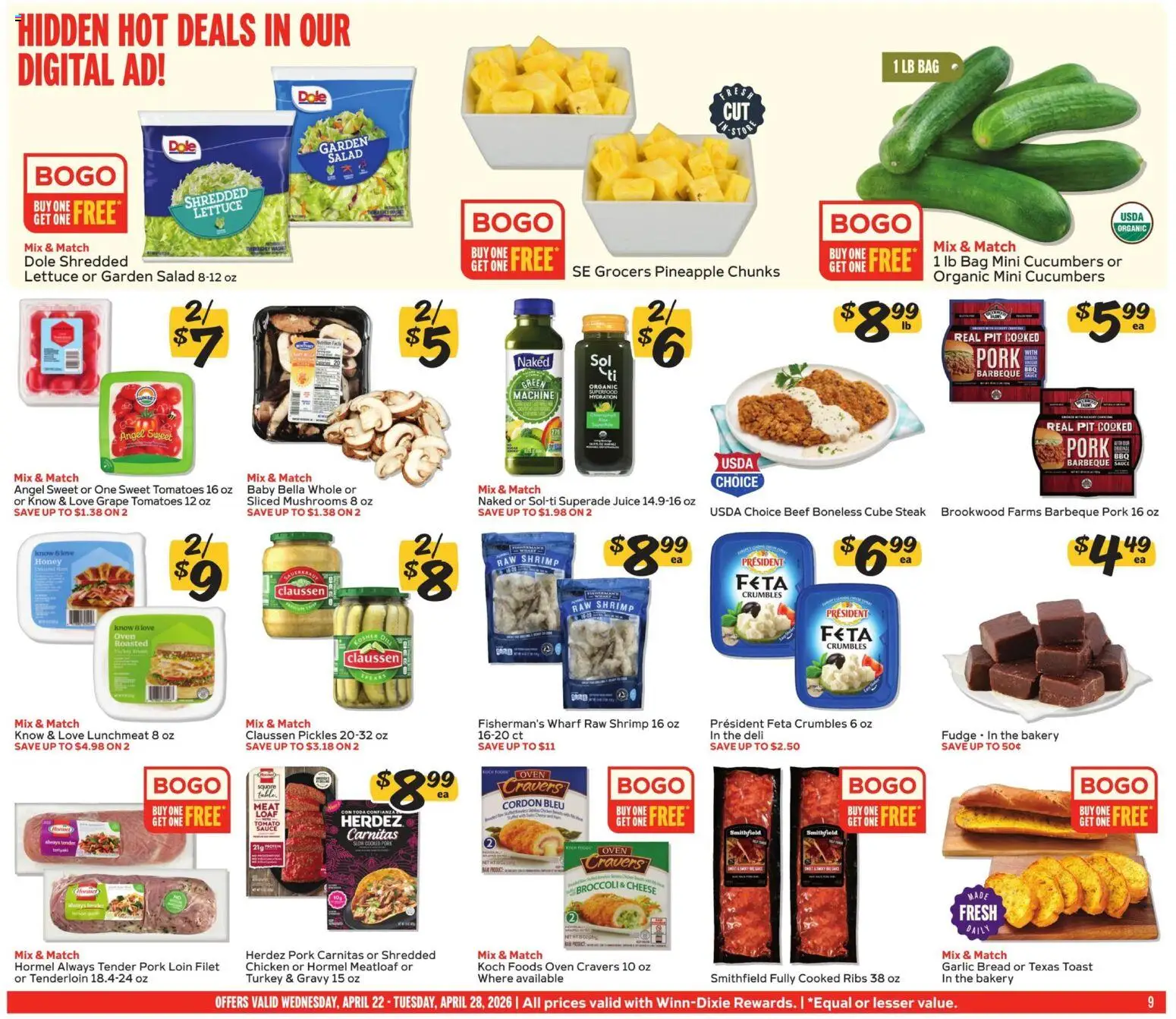 Winn Dixie Weekly Ad - valid from 22.04.2026 | Page: 9 | Products: Bakery, Cheese, Juice, Garlic