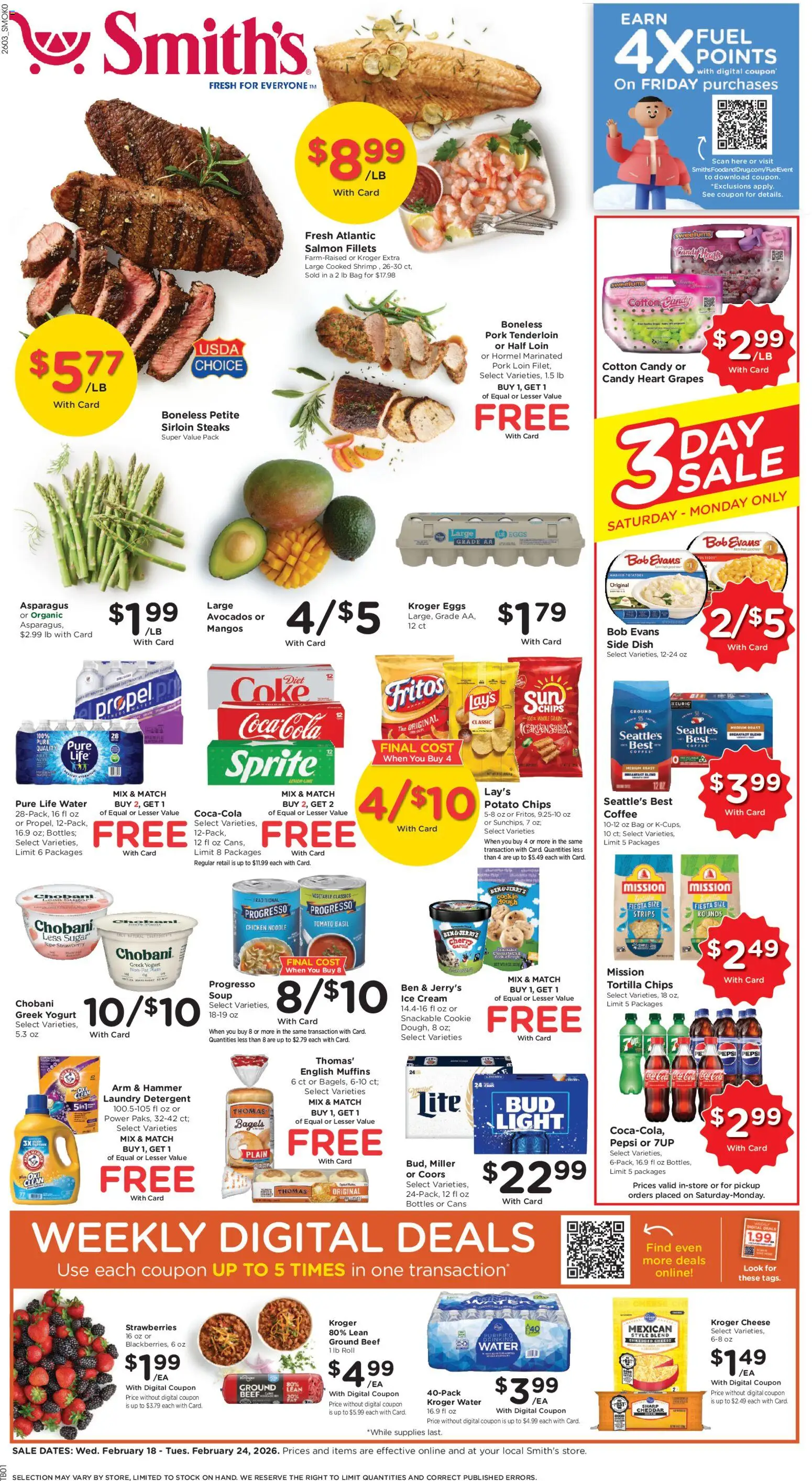 Smith's Weekly Ad - WY - valid from 18.02.2026 | Page: 1 | Products: Hammer, Eggs, Detergent, Strawberries