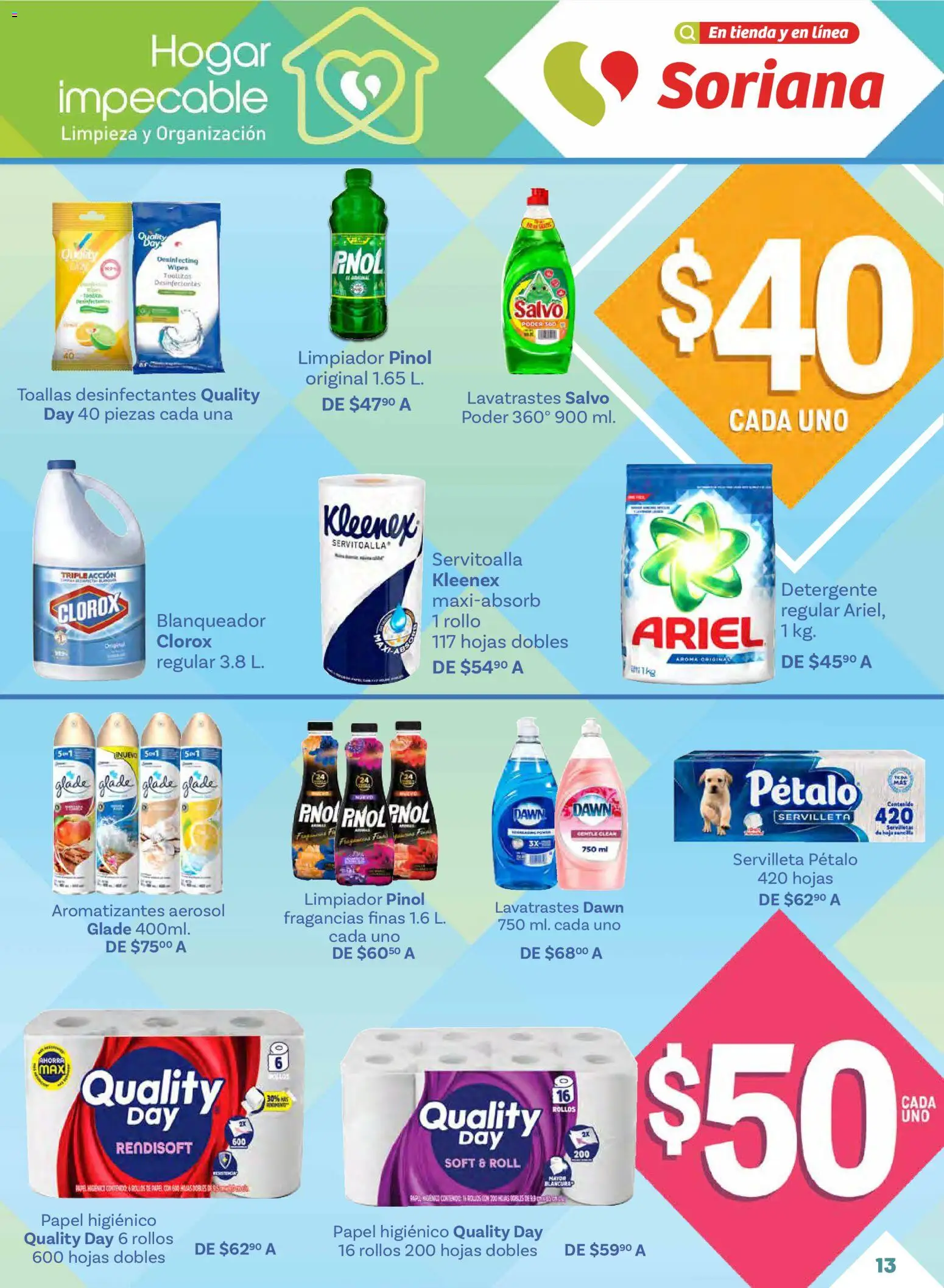 Nuevas ofertas de Soriana válidas en toda la República Mexicana desde el 02.01.2026. ¡Encuentra las mejores ofertas en Soriana - Hogar impecable Híper Nacional! | Página: 13 | Productos: Detergente, Huevo, Limpiador, Toallas