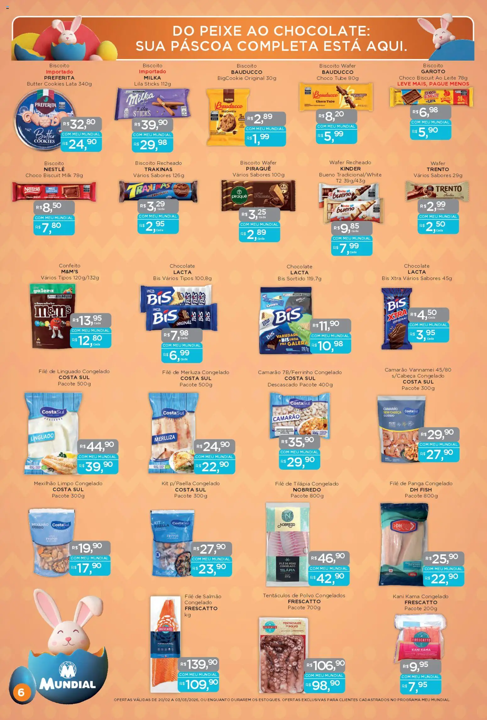 Mundial Folheto - válido de 20.02.2026 | Página: 6 | Produtos: Salmão, Biscoito, Camarão, Filé de tilápia