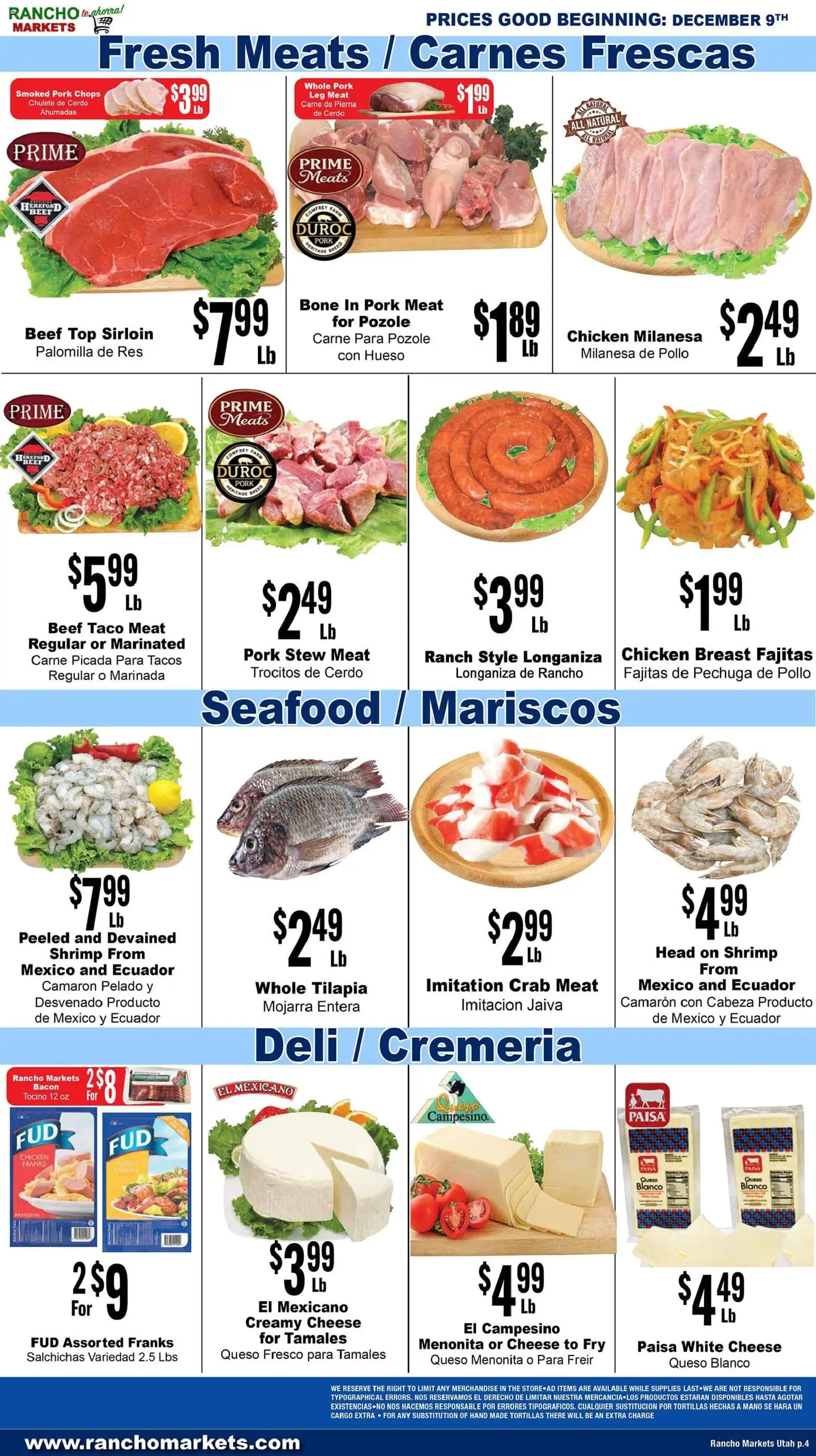 Rancho Markets Weekly Ad - valid from 09.12.2025 | Page: 4 | Products: Cheese, Pork, Beef, Seafood