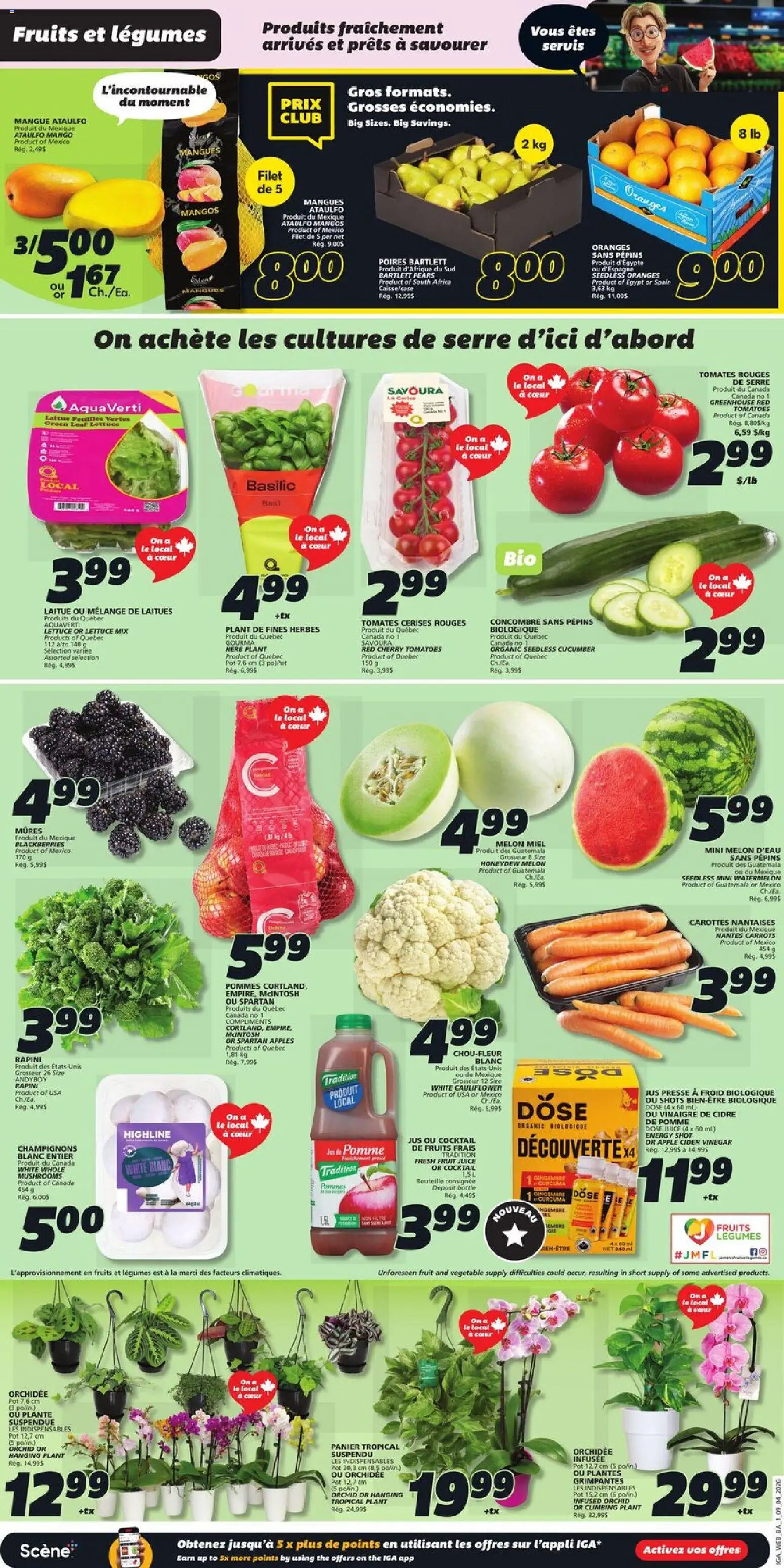 IGA flyer valid from 09.04.2026 | Page: 3 | Products: Juice, Apples, Oranges, Tomatoes