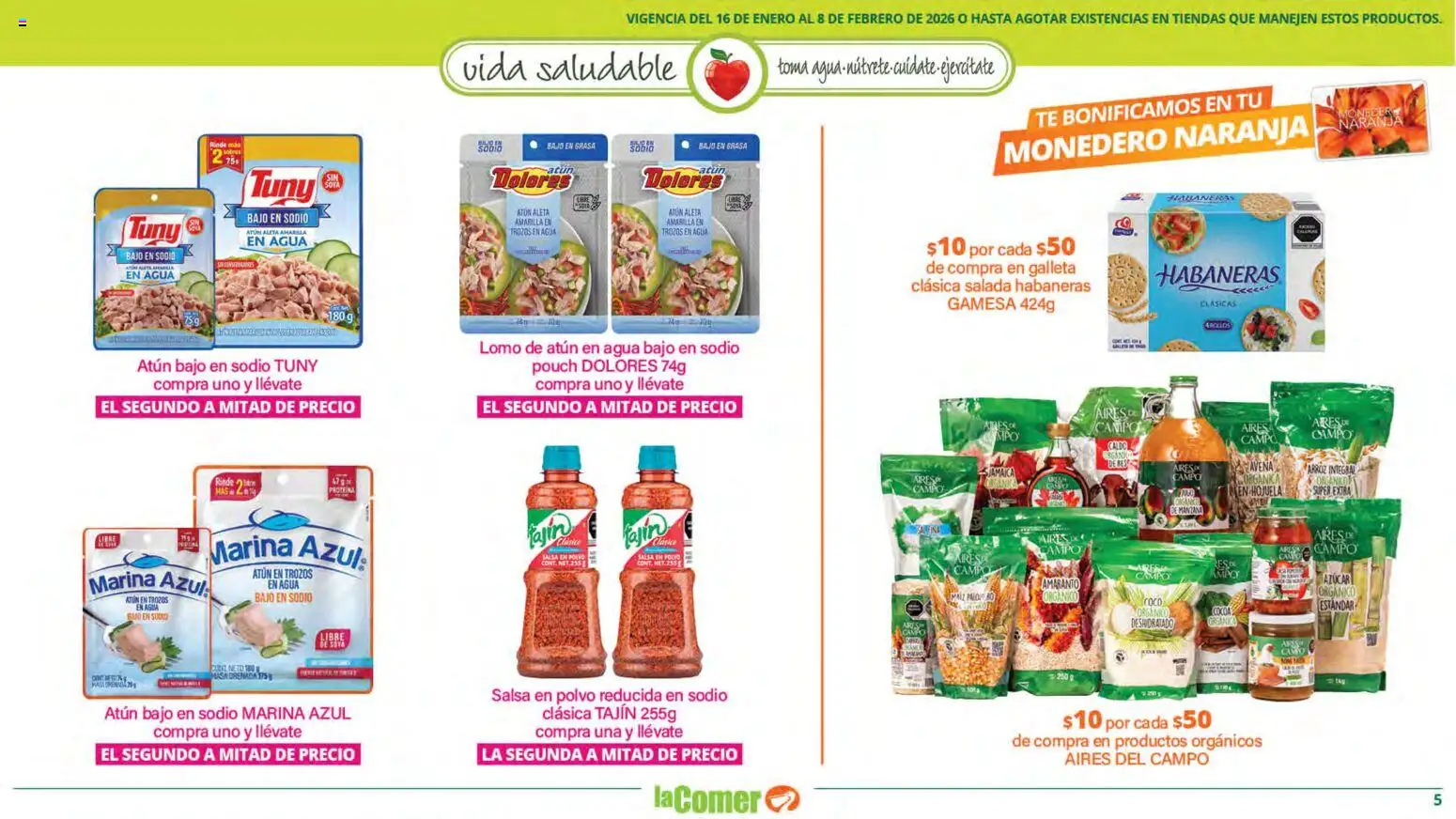 Nuevas ofertas de La Comer válidas en toda la República Mexicana desde el 16.01.2026. ¡Encuentra las mejores ofertas en La Comer folleto Vida Saludable! | Página: 5 | Productos: Monedero, Agua, Arroz, Polvo