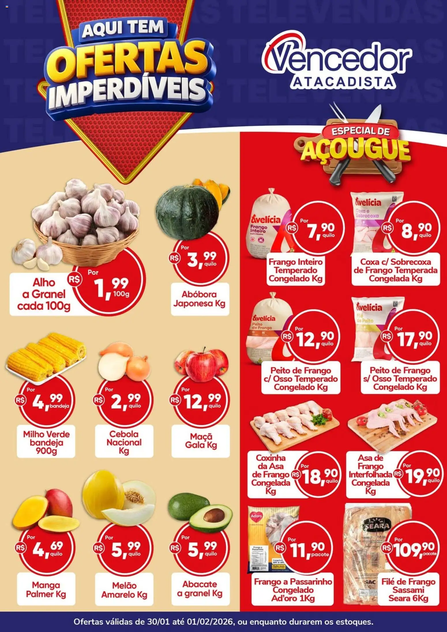 Vencedor Atacadista Folheto - válido de 30.01.2026 | Página: 1 | Produtos: Melão, Alho, Filé de frango, Bandeja