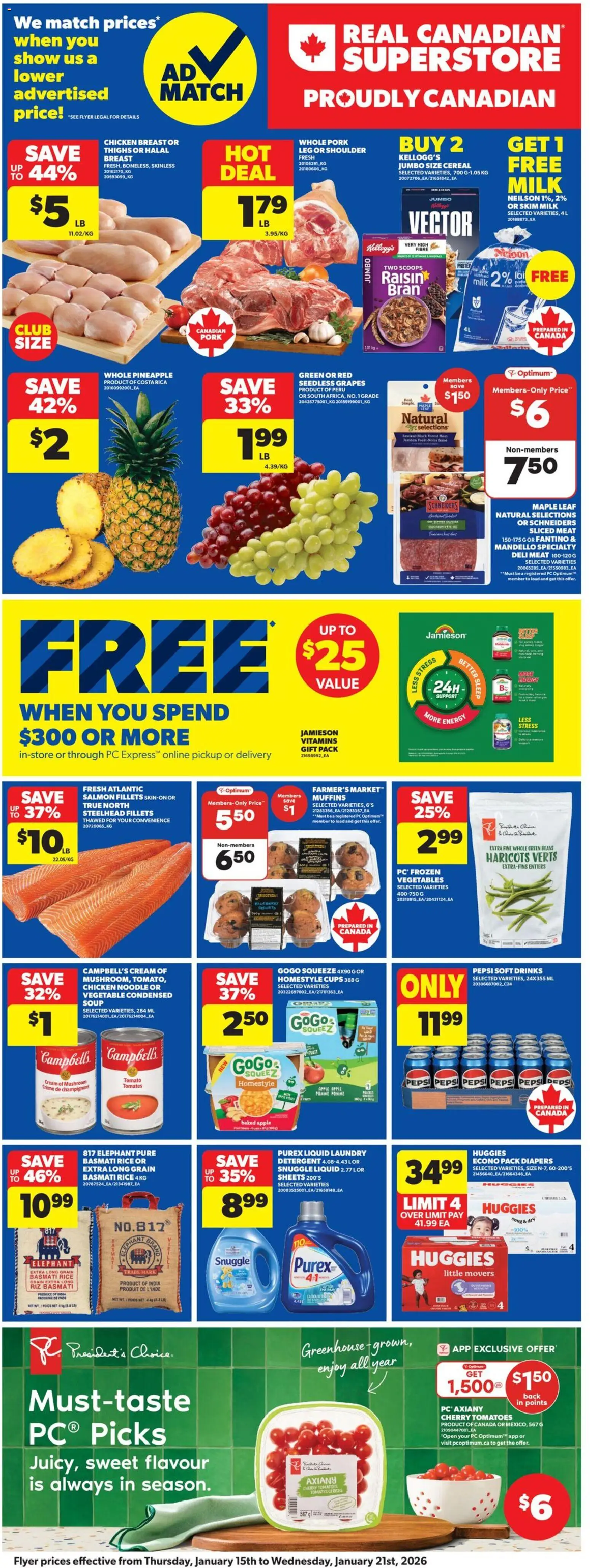 Real Canadian Superstore flyer valid from 15.01.2026 | Page: 3 | Products: PC, Detergent, Milk, Tomatoes
