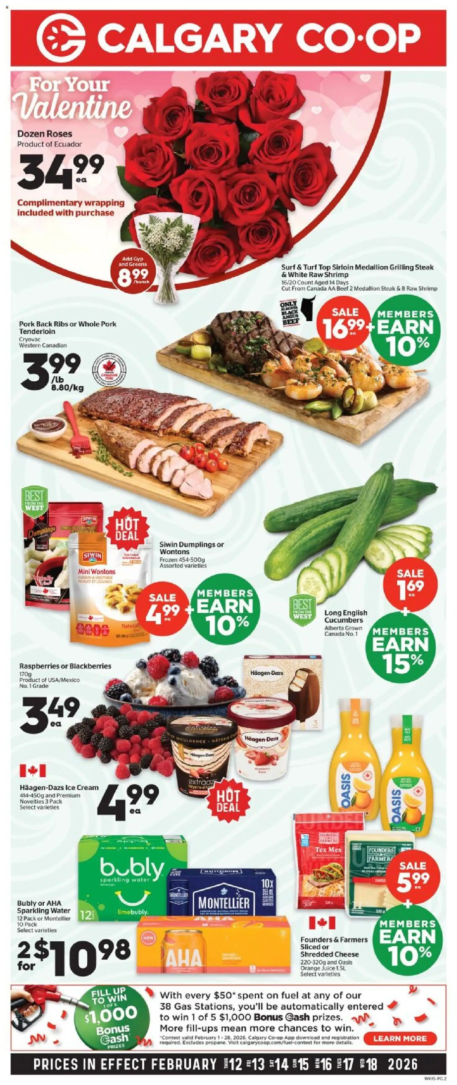 Calgary Co-op flyer valid from 12.02.2026 | Page: 2 | Products: Beef, Ice cream, Cheese, Juice