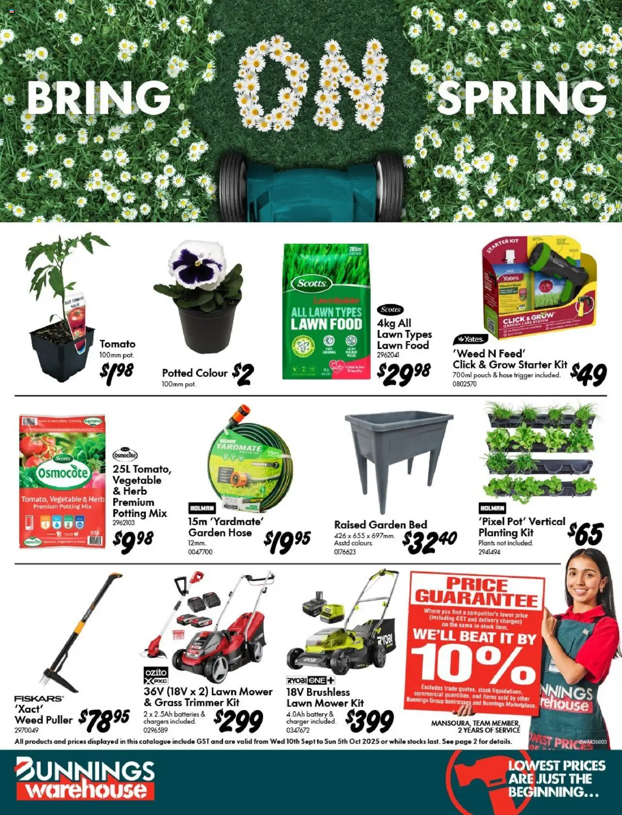 Bunnings Warehouse catalogue - valid from 10.09.2025 | Page: 1 | Products: Grass, Garden hose, Lawn mower, Bed