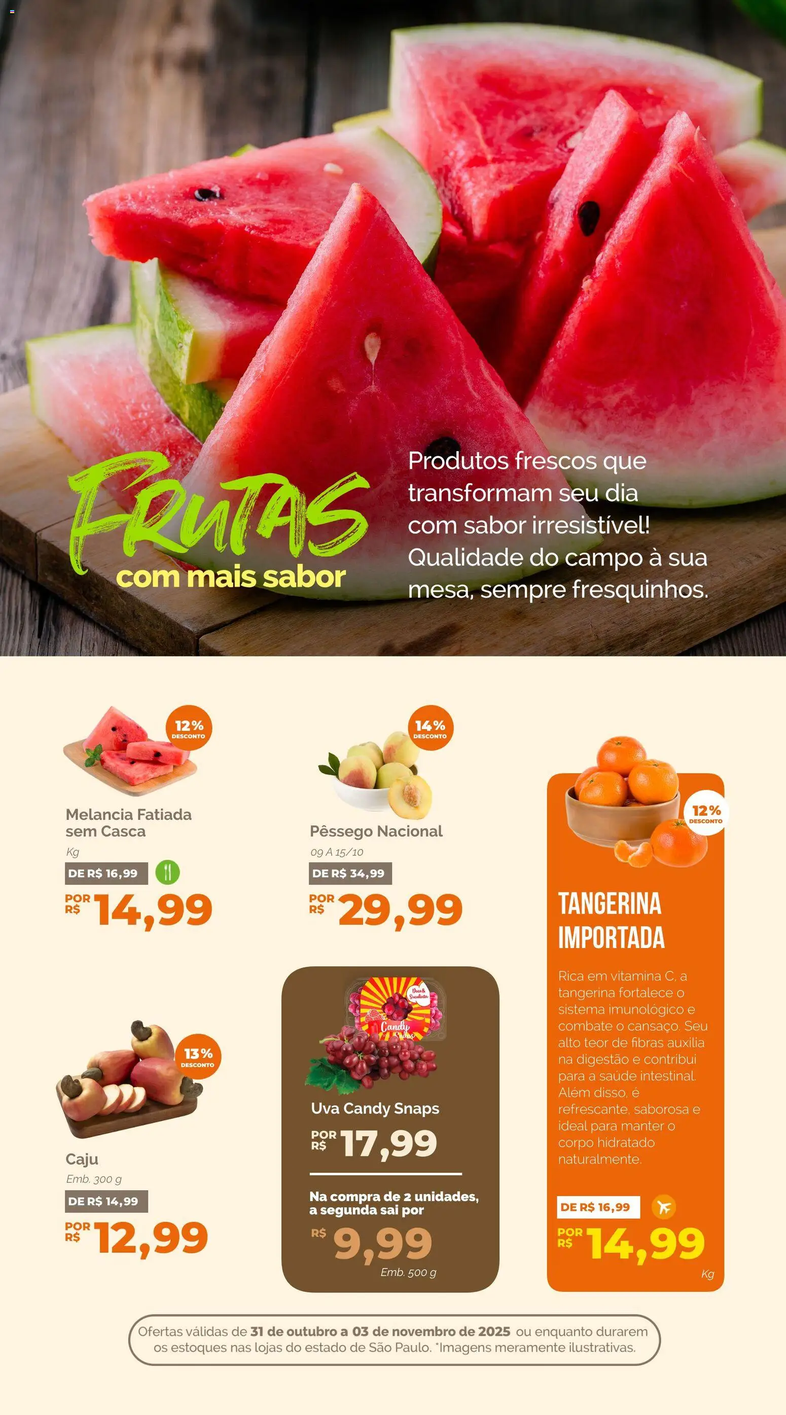 Oba Hortifruti Folheto - válido de 31.10.2025 | Página: 5 | Produtos: Caju, Melancia, Pêssego