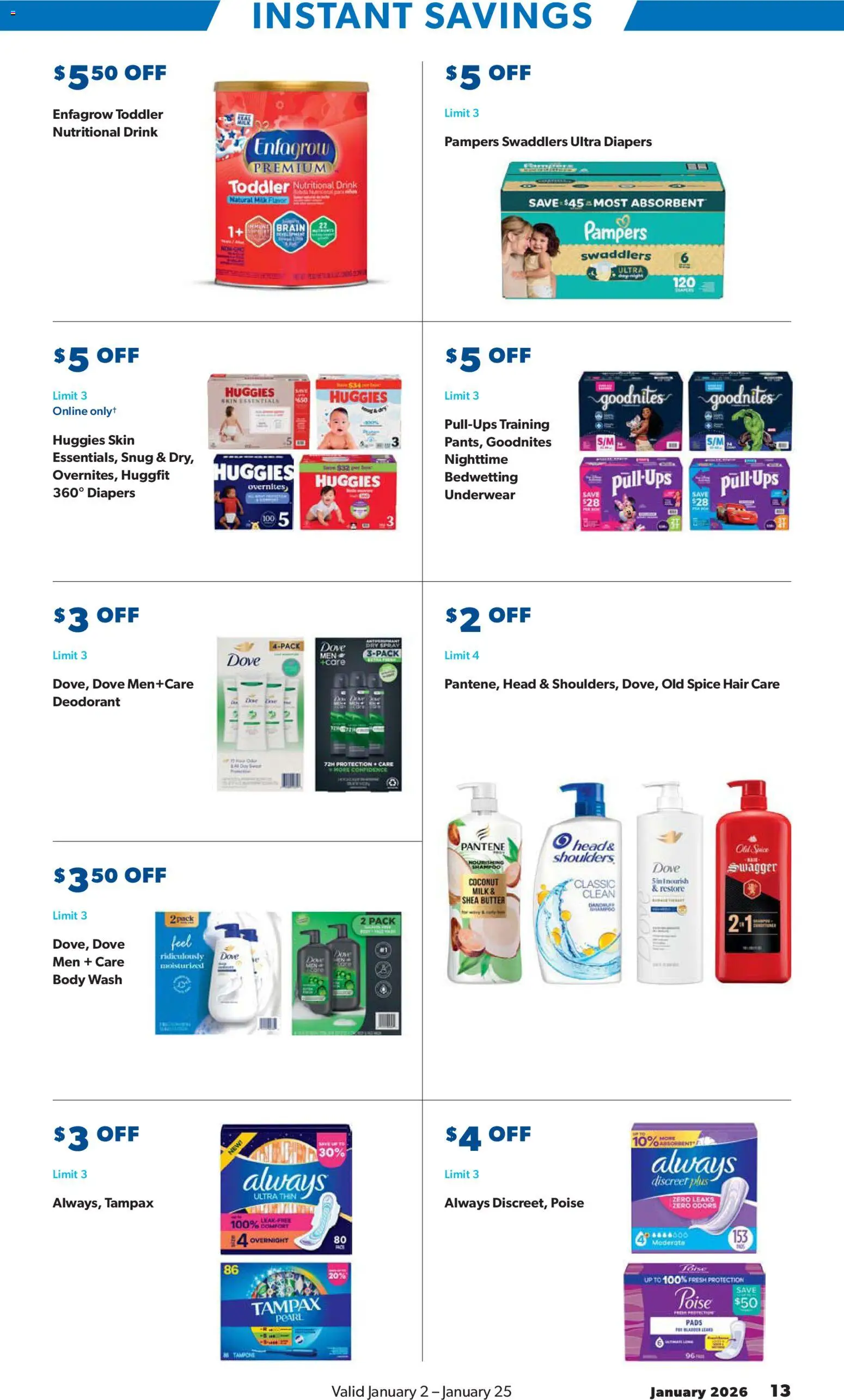 Sam's Club Instant Savings Book January - valid from 02.01.2026 | Page: 13 | Products: Shampoo, Butter, Pads, Body Wash