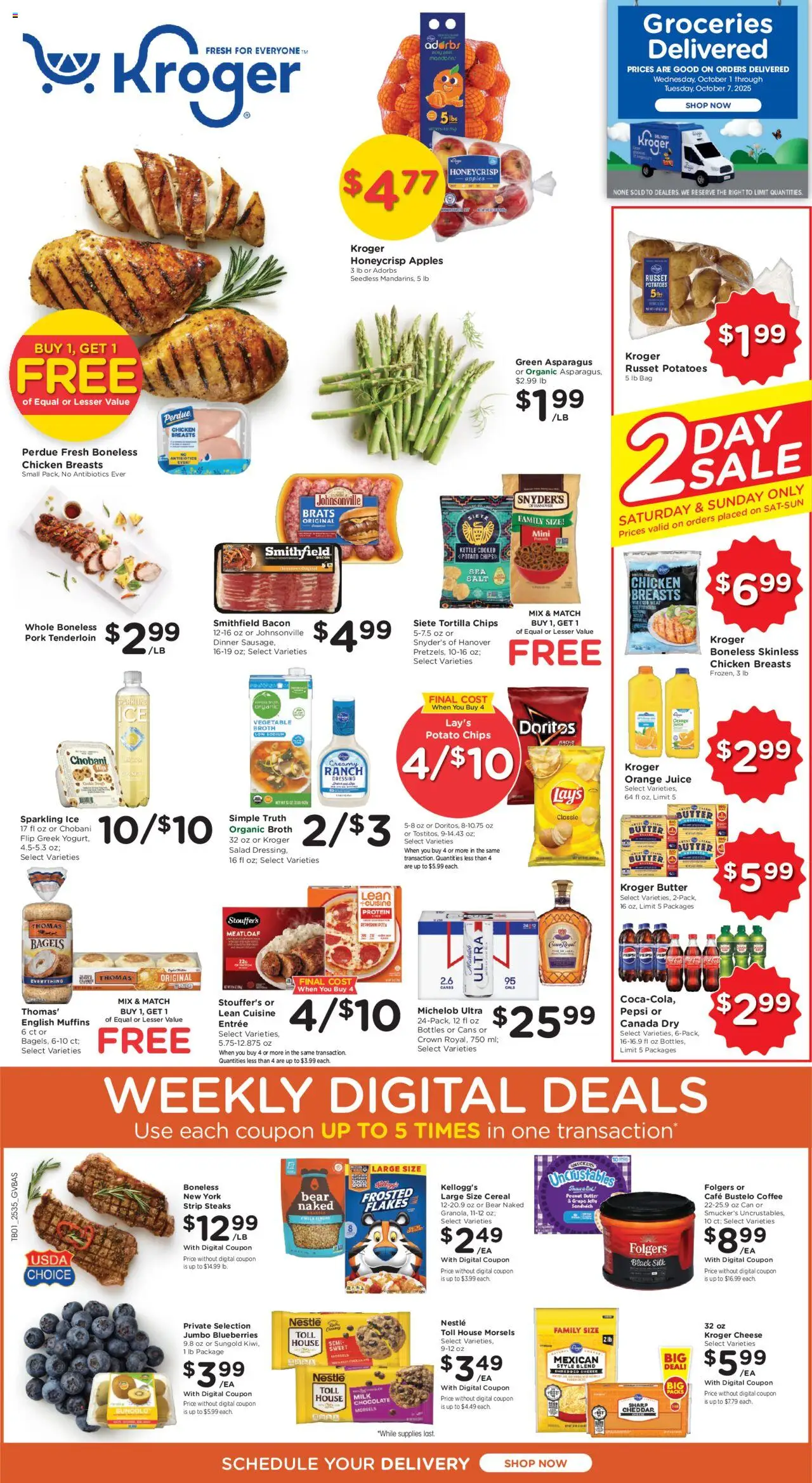Kroger Ad - valid from 01.10.2025 | Page: 1 | Products: Milk, Coffee, Salad, Bag