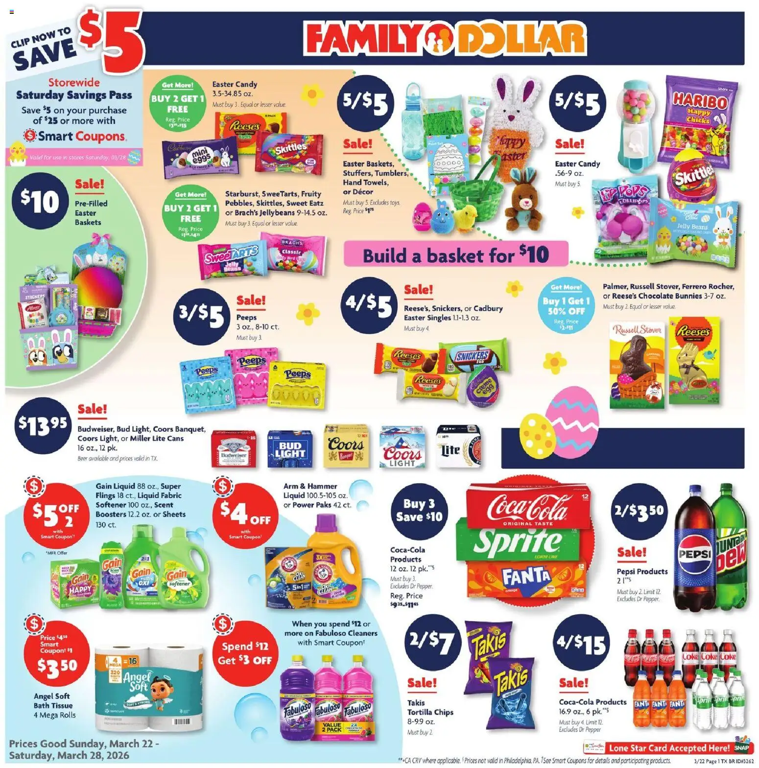 Family Dollar Weekly Ad - valid from 22.03.2026 | Page: 1 | Products: Chocolate, Beer, Chips, Pepper