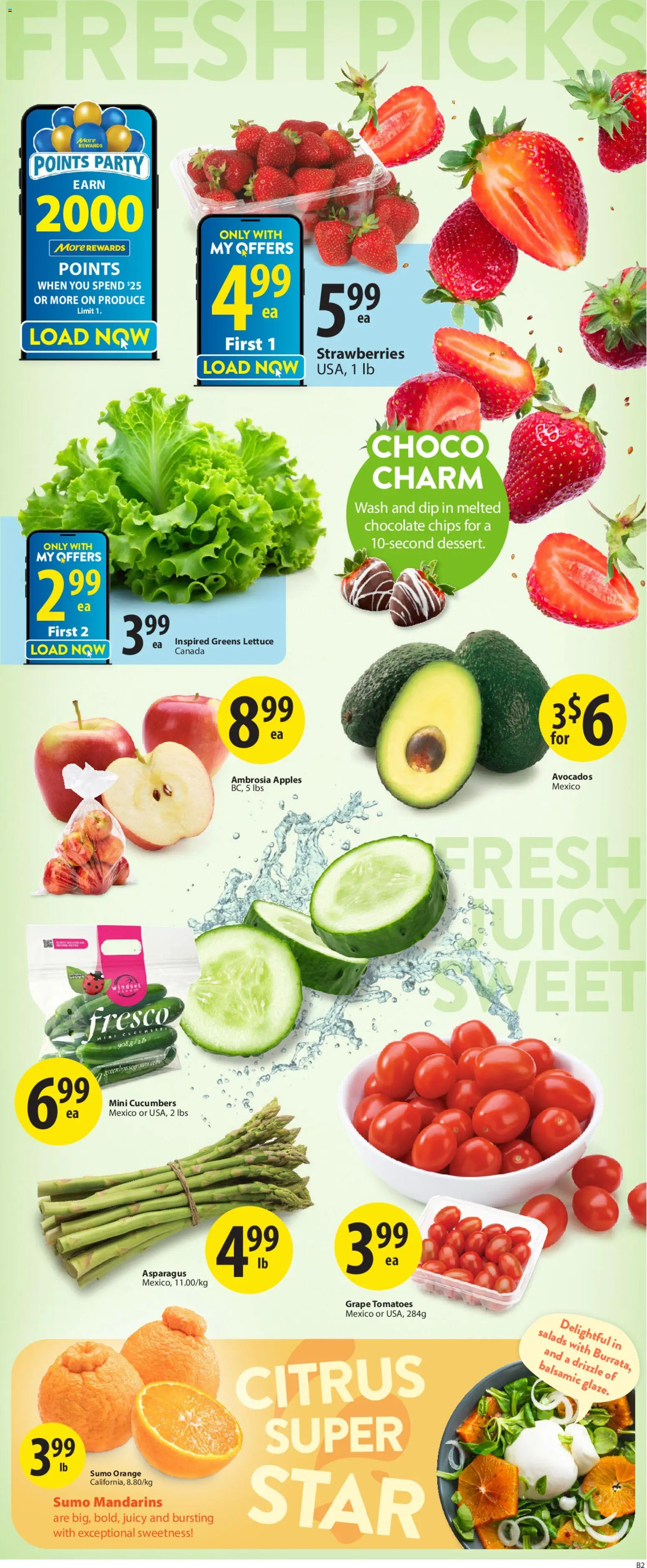Save on foods flyer valid from 05.03.2026 | Page: 2 | Products: Strawberries, Chips, Cucumbers, Apples
