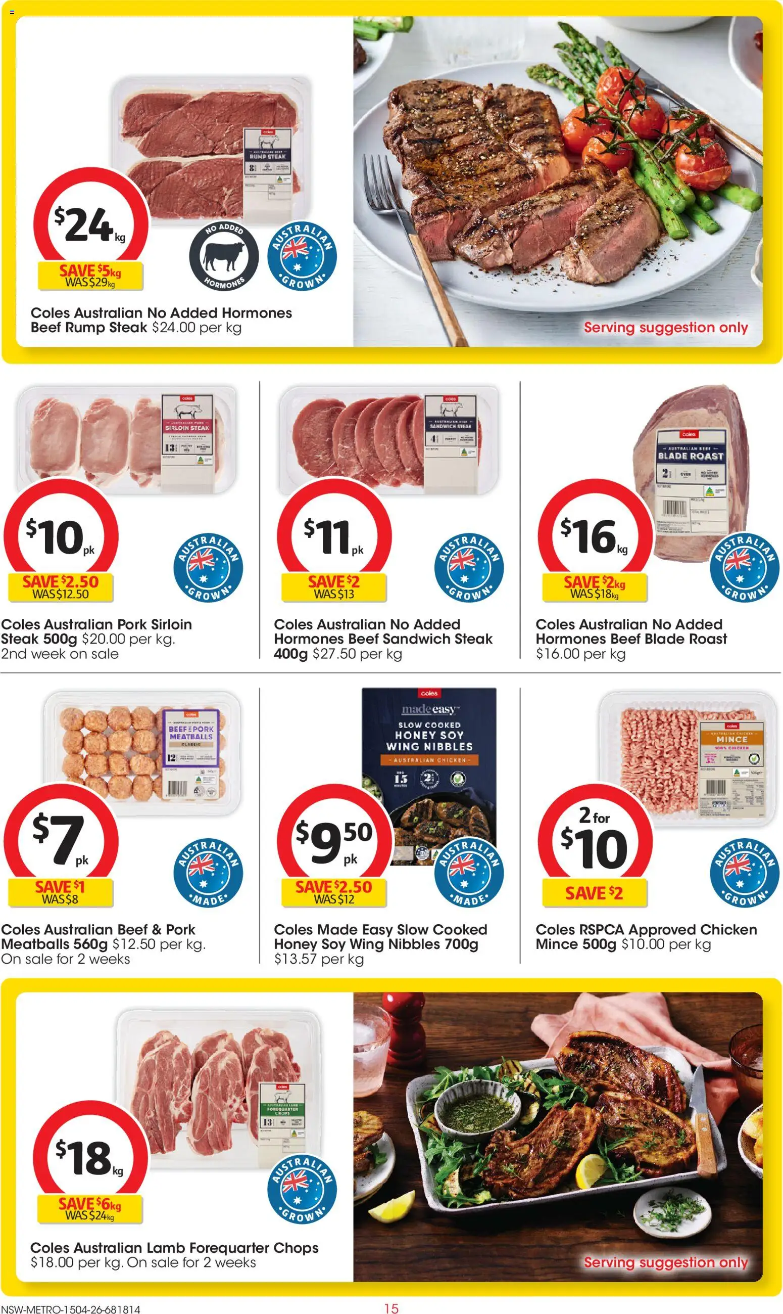 Coles catalogue - valid from 15.04.2026 | Page: 15 | Products: Honey, Chicken, Pork, Steak