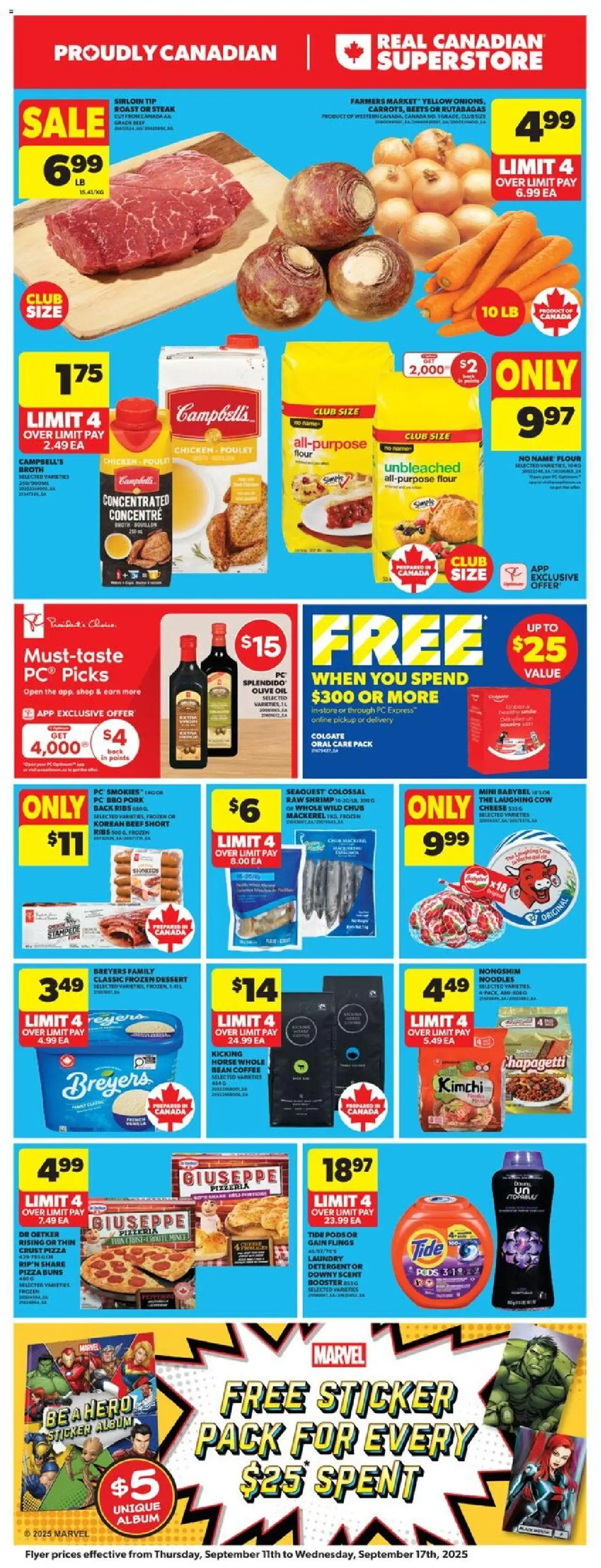 Real Canadian Superstore flyer valid from 11.09.2025 | Page: 4 | Products: Cheese, Coffee, Pizza, Pork
