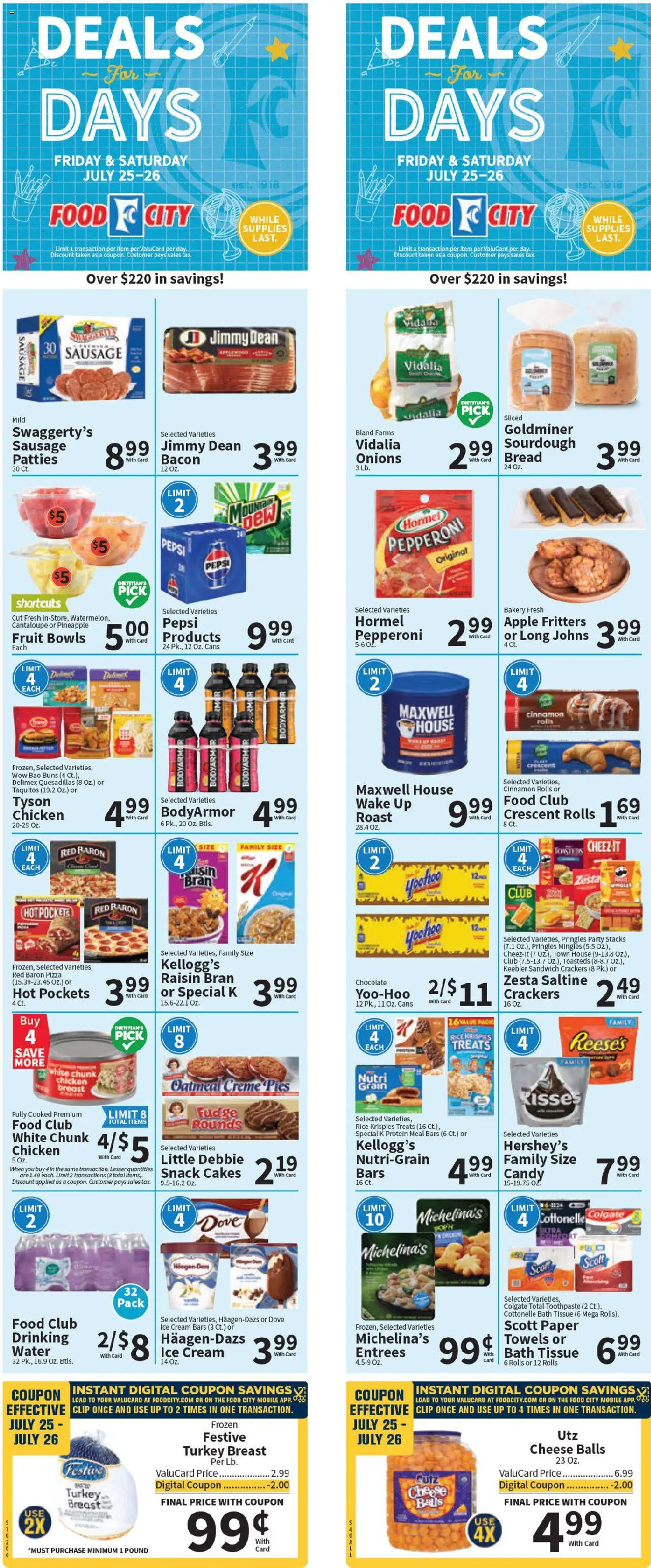 Food City Weekly Ad - valid from 23.07.2025 | Page: 1 | Products: Toothpaste, Rice, Water, Sausage