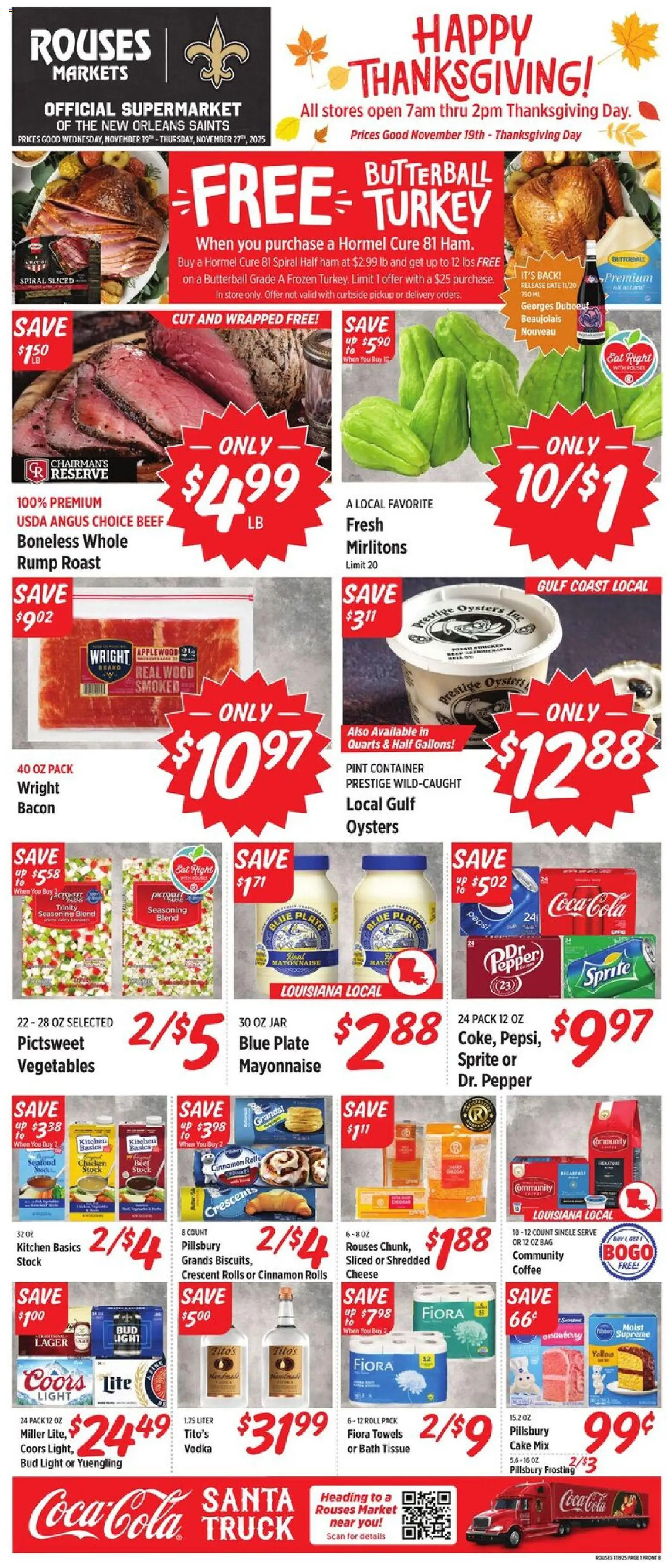 Rouses Weekly Ad - LA - valid from 19.11.2025 | Page: 1 | Products: Cheese, Coffee, Ham, Bag
