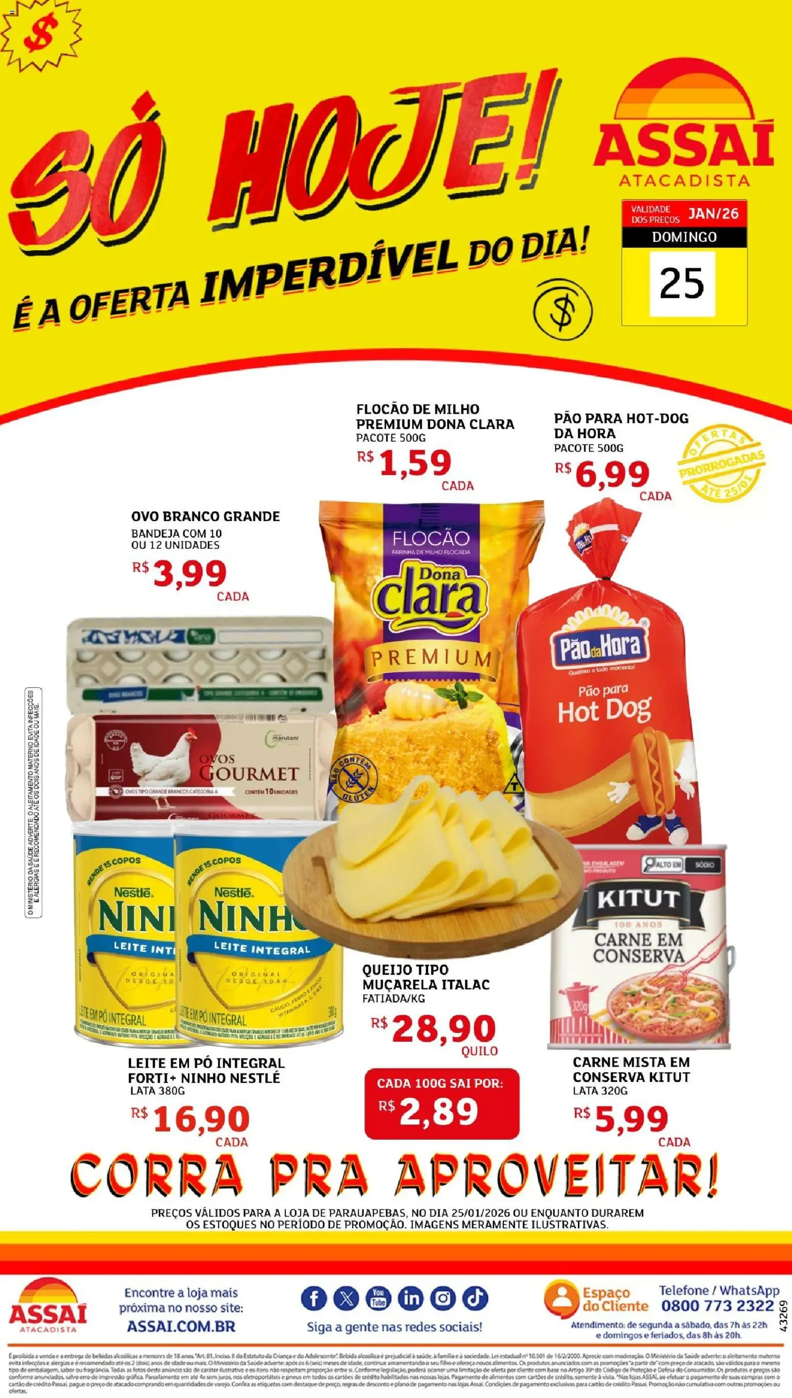 Assaí Atacadista Folheto - válido de 24.01.2026 | Página: 1 | Produtos: Leite integral, Pão, Pneus, Telefone