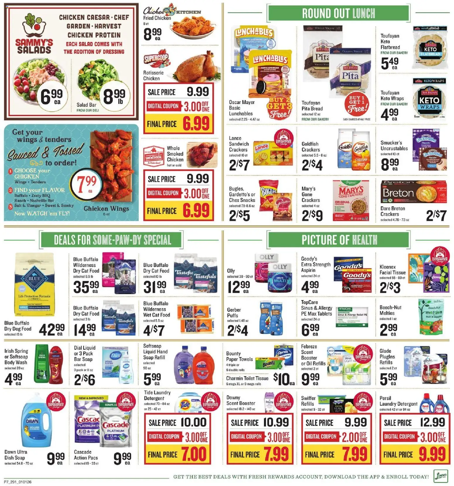 Lowes Foods Weekly Ad - valid from 01.01.2026 | Page: 9 | Products: Cat Food, Bar Soap, Body Wash, Salad