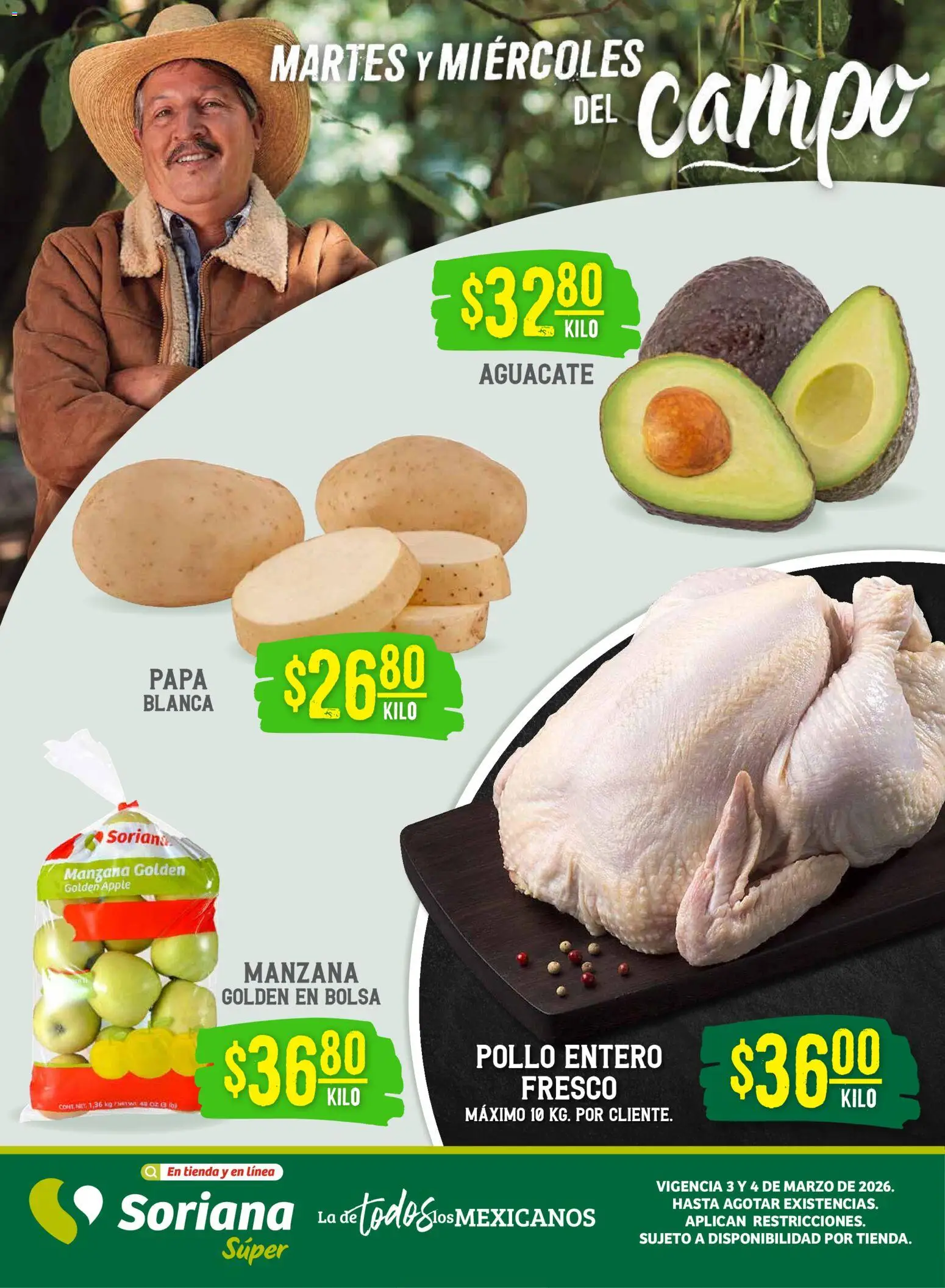 Nuevas ofertas de Soriana válidas en toda la República Mexicana desde el 03.03.2026. ¡Encuentra las mejores ofertas en Soriana Martes y Miércoles del Campo Súper: BCS, Son y Sin! | Página: 1 | Productos: Pollo, Bolsa, Manzana, Aguacate