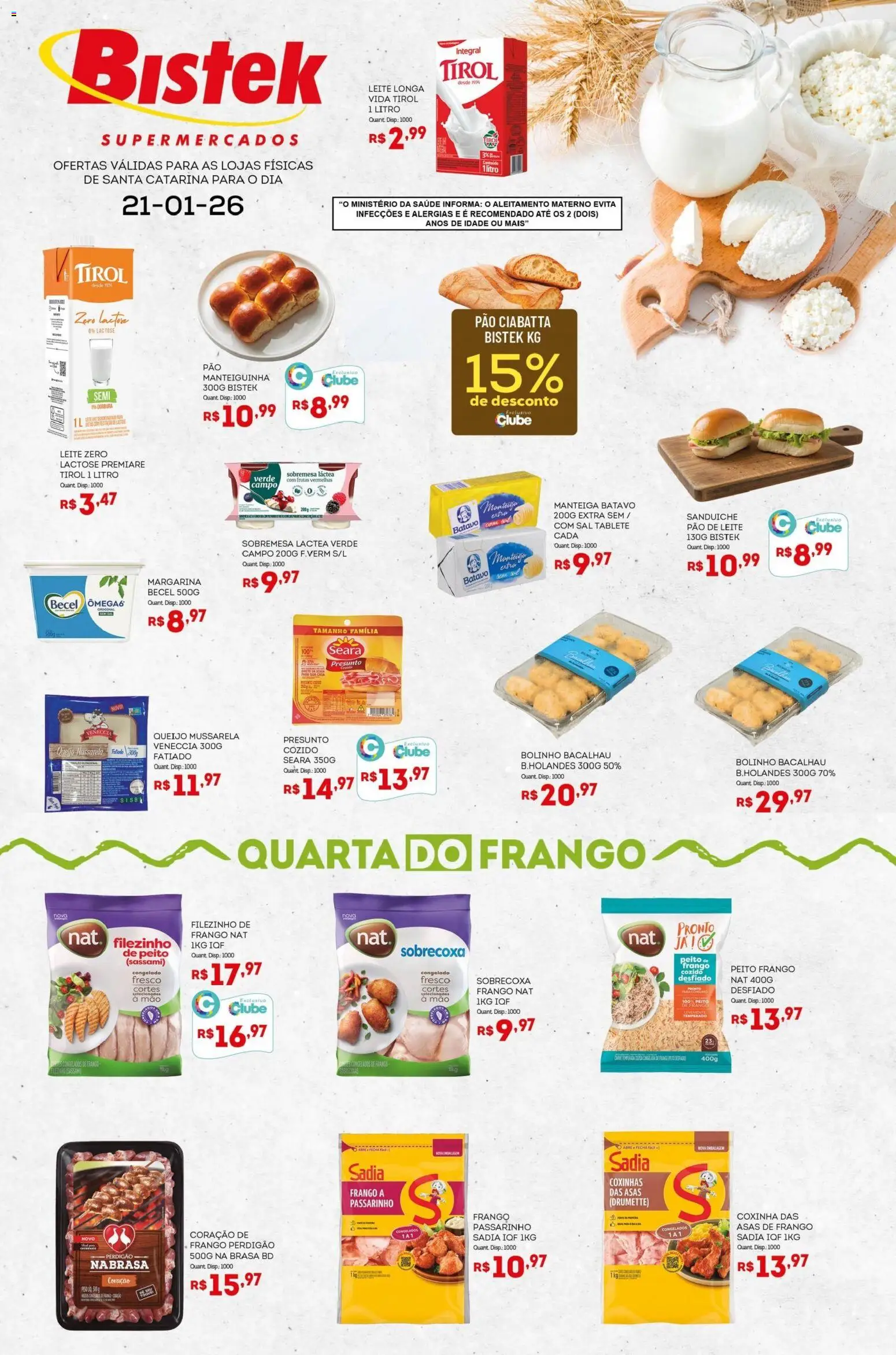 Bistek Supermercados Folheto - válido de 21.01.2026 | Página: 1 | Produtos: Leite, Pão, Presunto, Mussarela