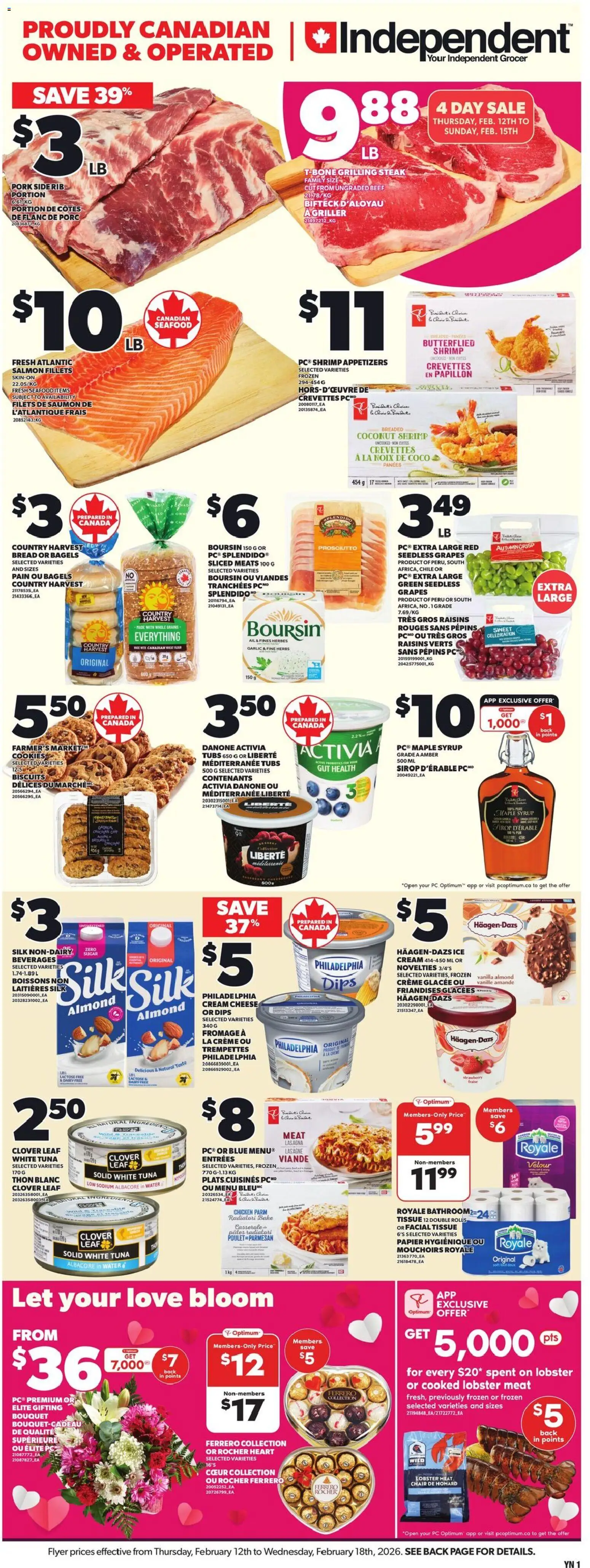 Independent Grocer flyer valid from 12.02.2026 | Page: 1 | Products: Cream, PC, Cheese, Pork