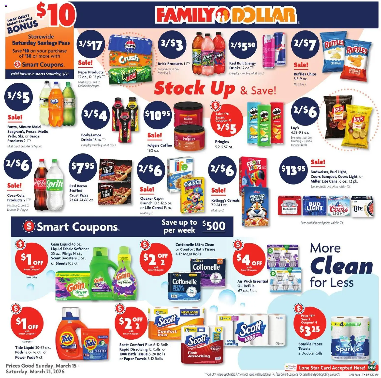 Family Dollar Current Ad - TX - valid from 15.03.2026 | Page: 1 | Products: Bath, Coffee, Fabric softener, Cereals