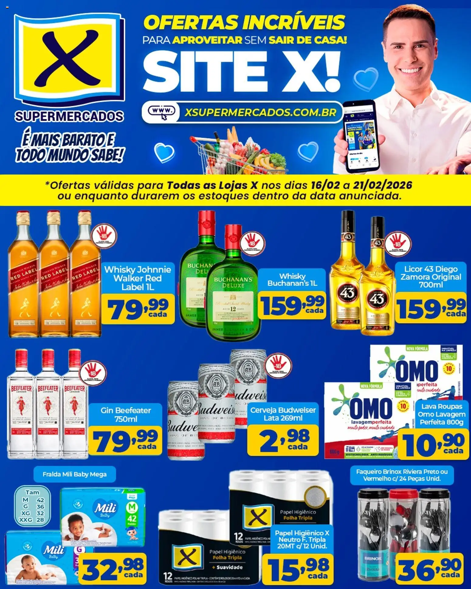X Supermercados Folheto - válido de 16.02.2026 | Página: 2 | Produtos: Whisky, Whisky red label, Cerveja, Gin