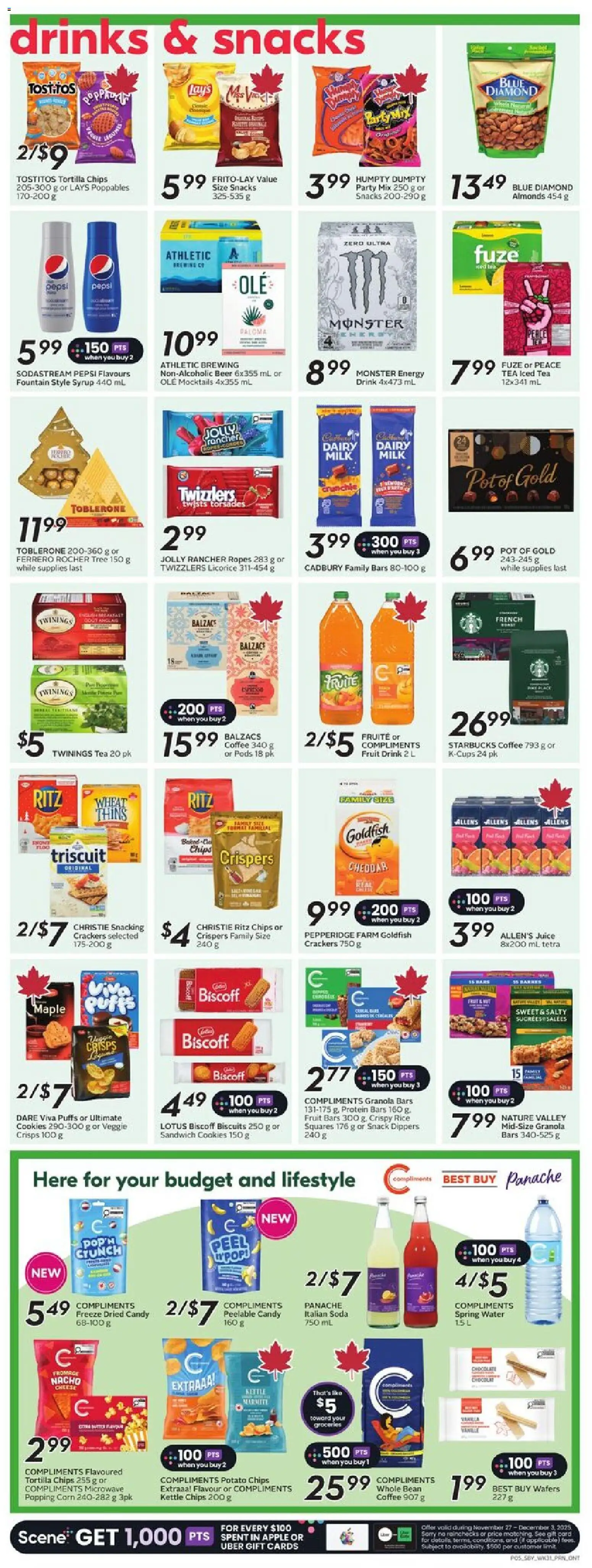 Sobeys flyer valid from 27.11.2025 | Page: 8 | Products: Rice, Cheese, Coffee, Juice
