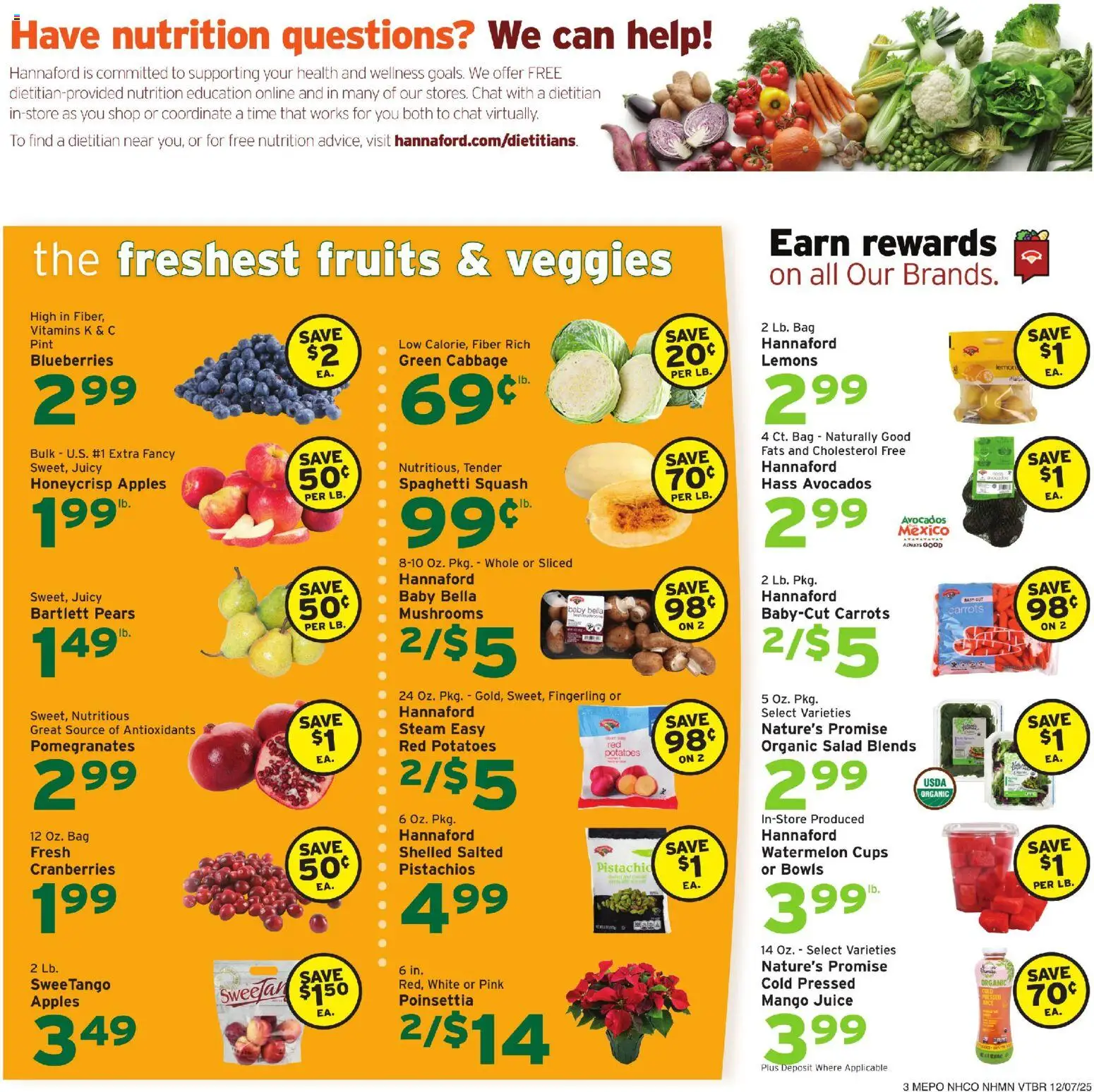 Hannaford Weekly Ad - valid from 07.12.2025 | Page: 3 | Products: Apples, Cabbage, Watermelon, Bag