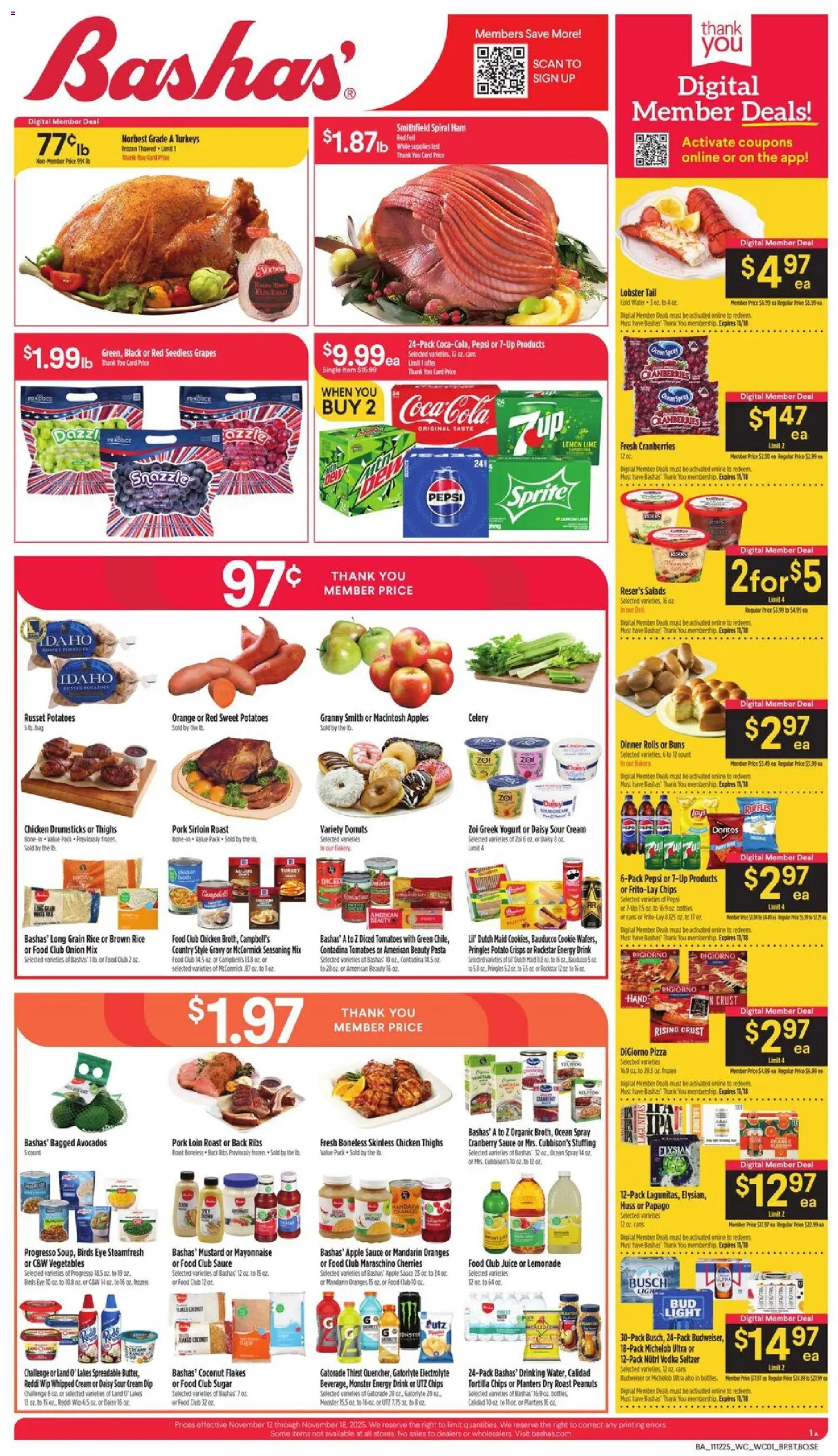 Basha's Weekly Ad - valid from 12.11.2025 | Page: 1 | Products: Brussels Sprouts, Powder, Hammer, Pizza
