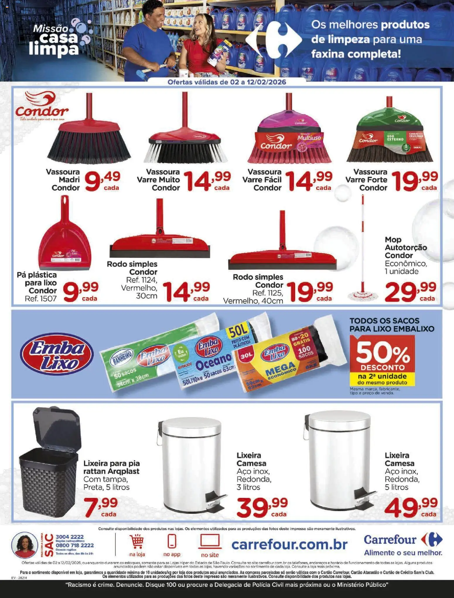 Carrefour Folheto - válido de 02.02.2026 | Página: 12 | Produtos: Lixeira, Pia, Vassoura, Rodo