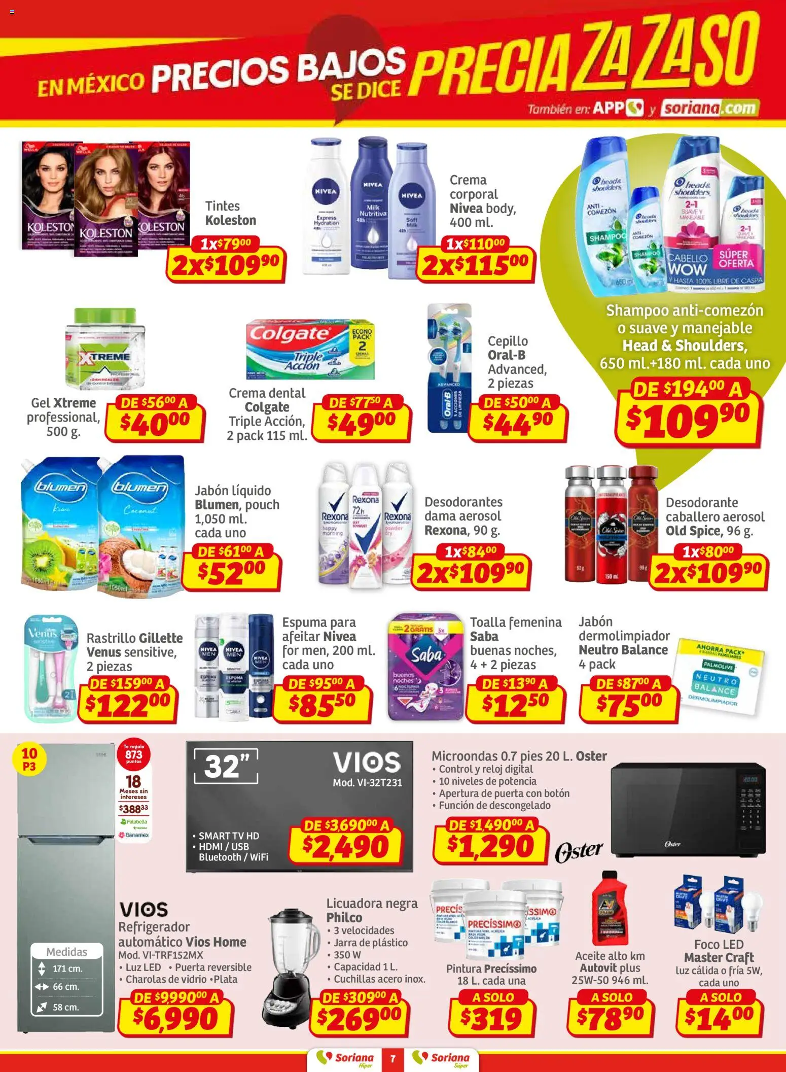 Nuevas ofertas de Soriana válidas en toda la República Mexicana desde el 30.01.2026. ¡Encuentra las mejores ofertas en Soriana - Preciazazaso Súper: Edo Mex, Gro, Hgo, Mor, Pue, Qto, Tlax, Ver! | Página: 7 | Productos: Espuma, Microondas, Pintura, Reloj