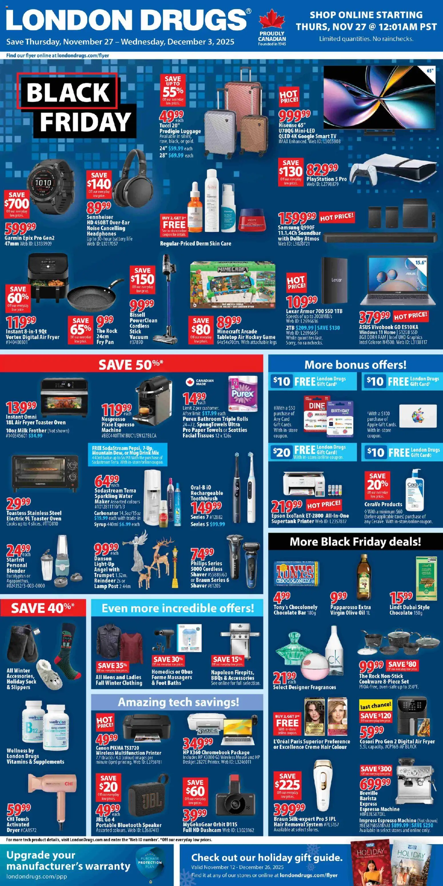 London Drugs flyer valid from 27.11.2025 | Page: 1 | Products: Slippers, Luggage, Tv, Lamp