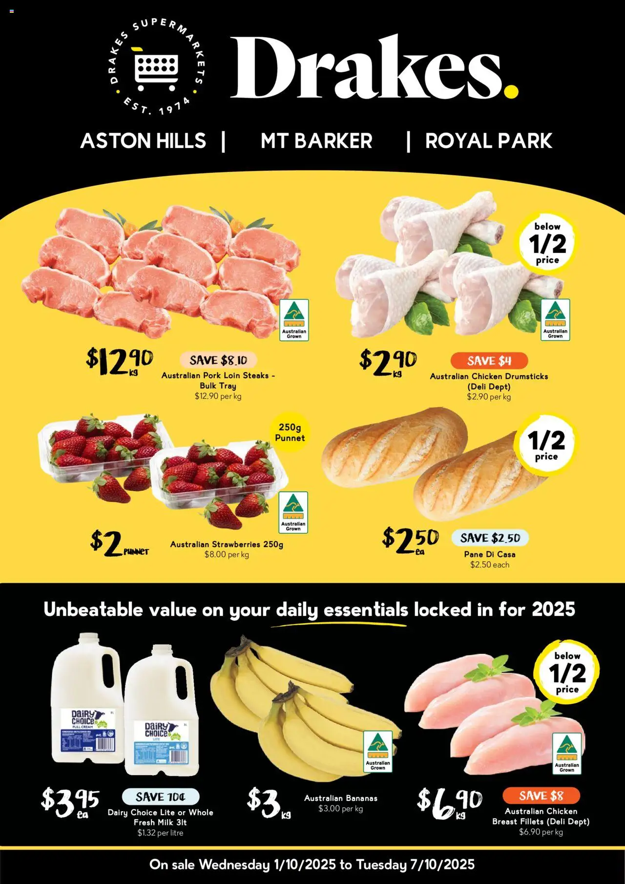 Drakes catalogue - valid from 01.10.2025 | Page: 1 | Products: Milk, Bananas, Strawberries, Cream
