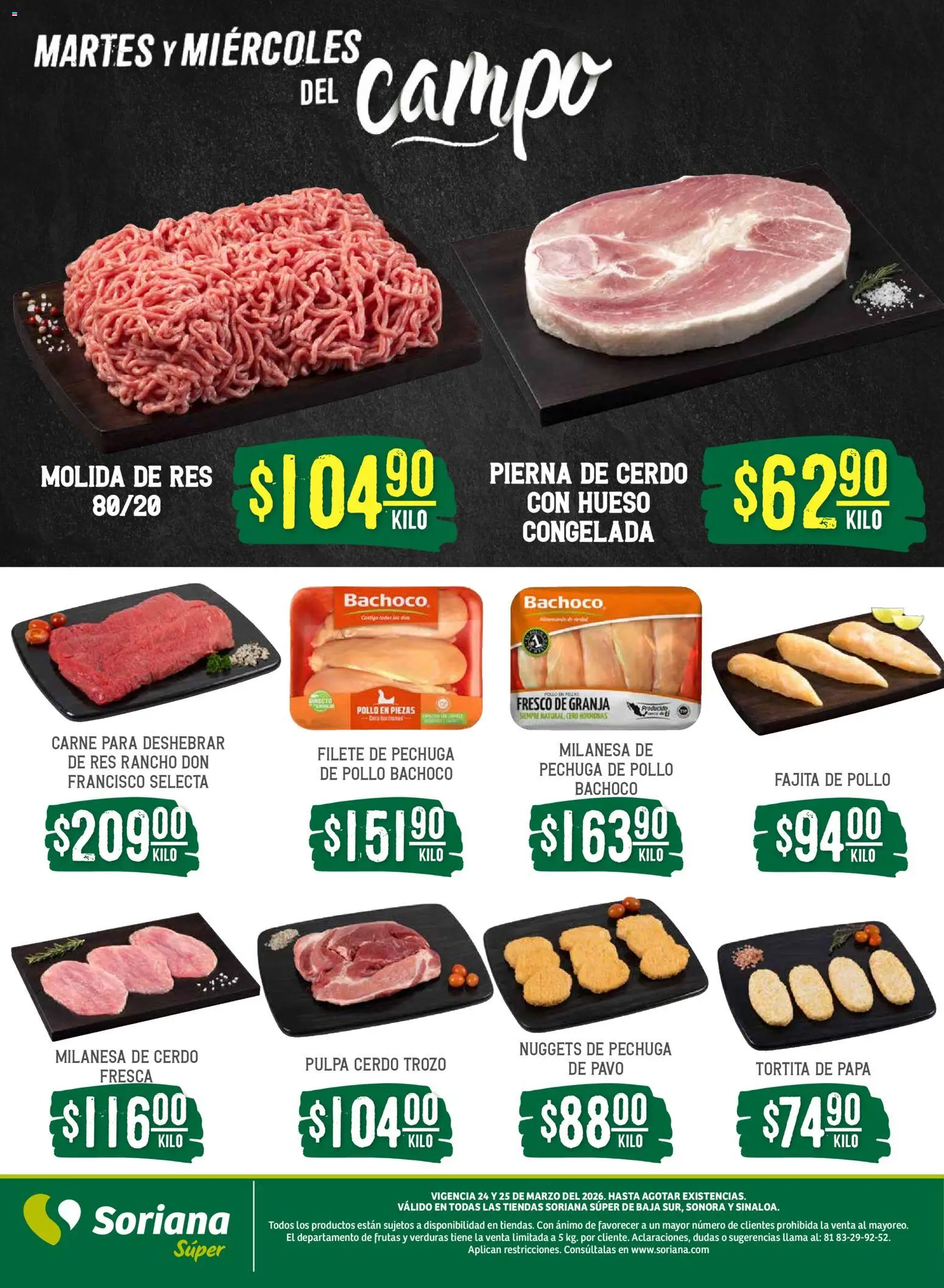 Nuevas ofertas de Soriana válidas en toda la República Mexicana desde el 24.03.2026. ¡Encuentra las mejores ofertas en Soriana Martes y Miércoles del Campo Súper: BCS, Son y Sin! | Página: 5 | Productos: Pollo, Milanesa, Cerdo, Res