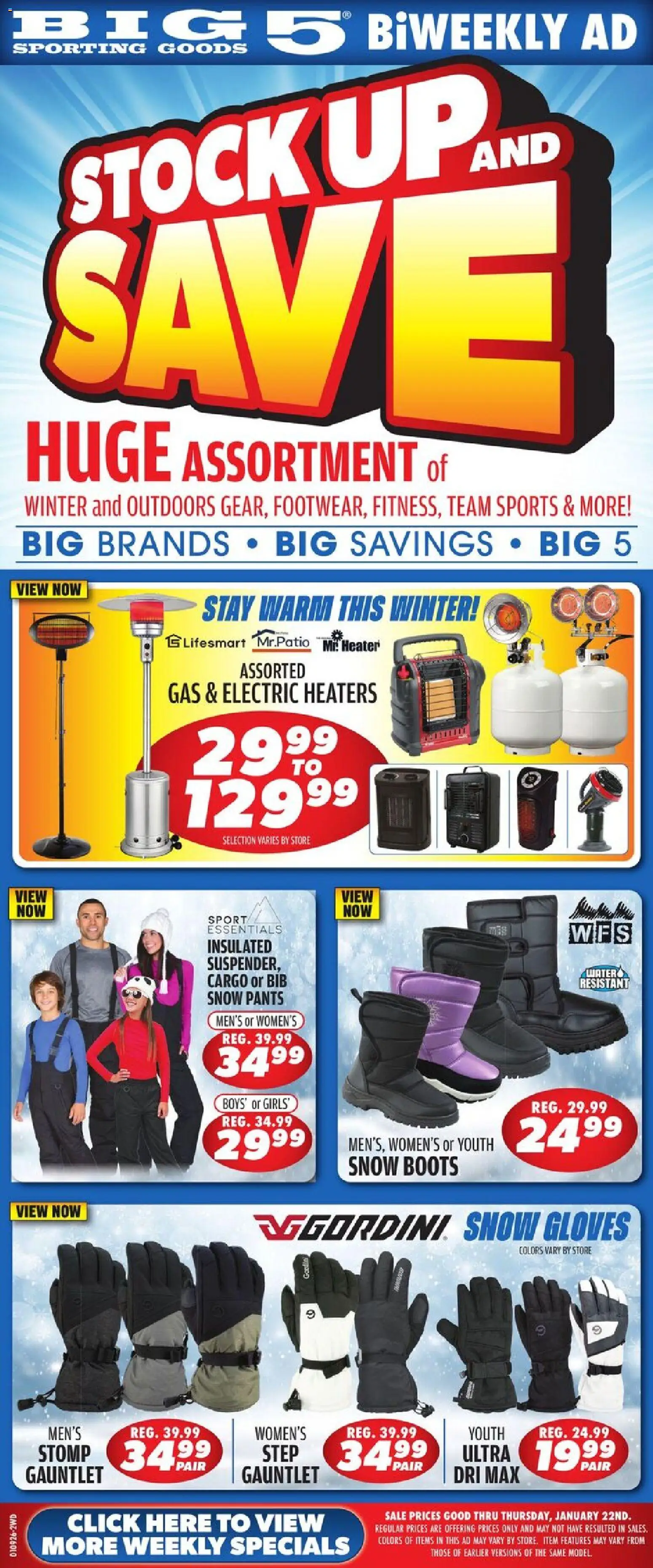 Big 5 Sporting Goods Weekly Ad - valid from 09.01.2026 | Page: 1 | Products: Pants, Water, Boots, Gloves