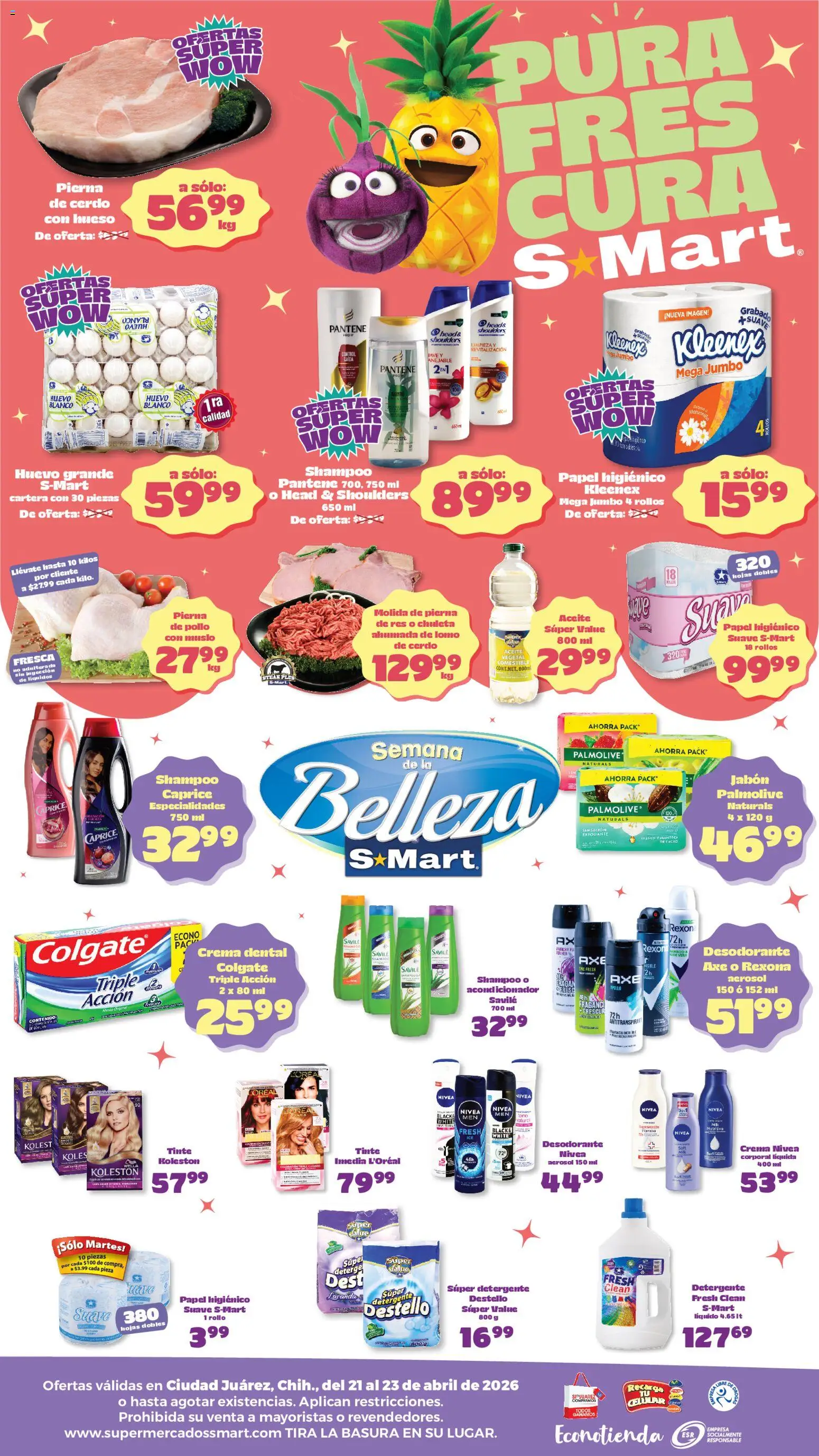 Nuevas ofertas de S-Mart válidas en toda la República Mexicana desde el 21.04.2026. ¡Encuentra las mejores ofertas en S-Mart folleto Juárez! | Página: 2 | Productos: Pollo, Aceite, Cacao, Papel higiénico