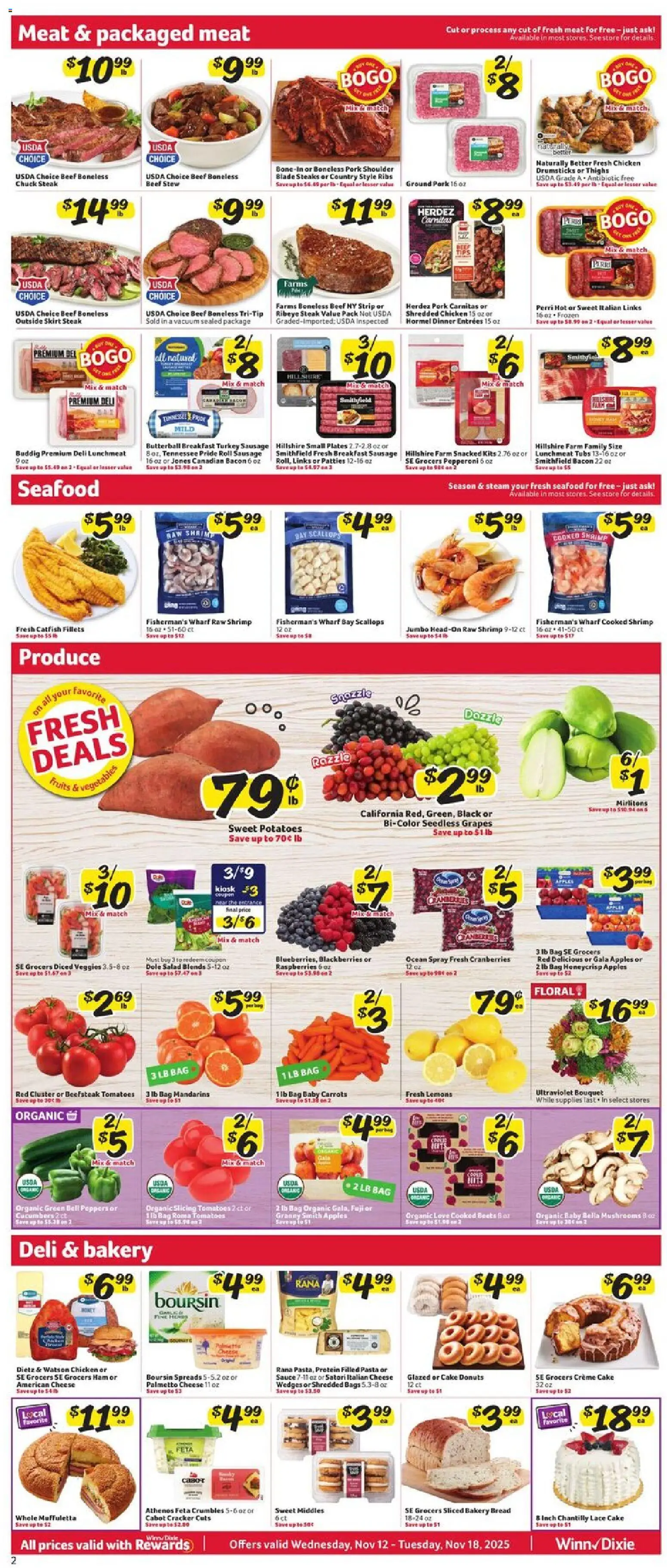 Winn Dixie Weekly Ad - valid from 12.11.2025 | Page: 2 | Products: Bread, Pasta, Salad, Bag