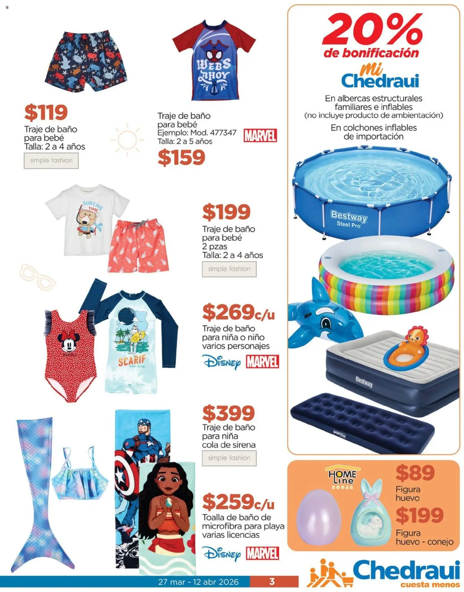 Nuevas ofertas de Chedraui válidas en toda la República Mexicana desde el 27.03.2026. ¡Encuentra las mejores ofertas en Chedraui folleto! | Página: 3 | Productos: Traje, Huevo, Toalla, Baño