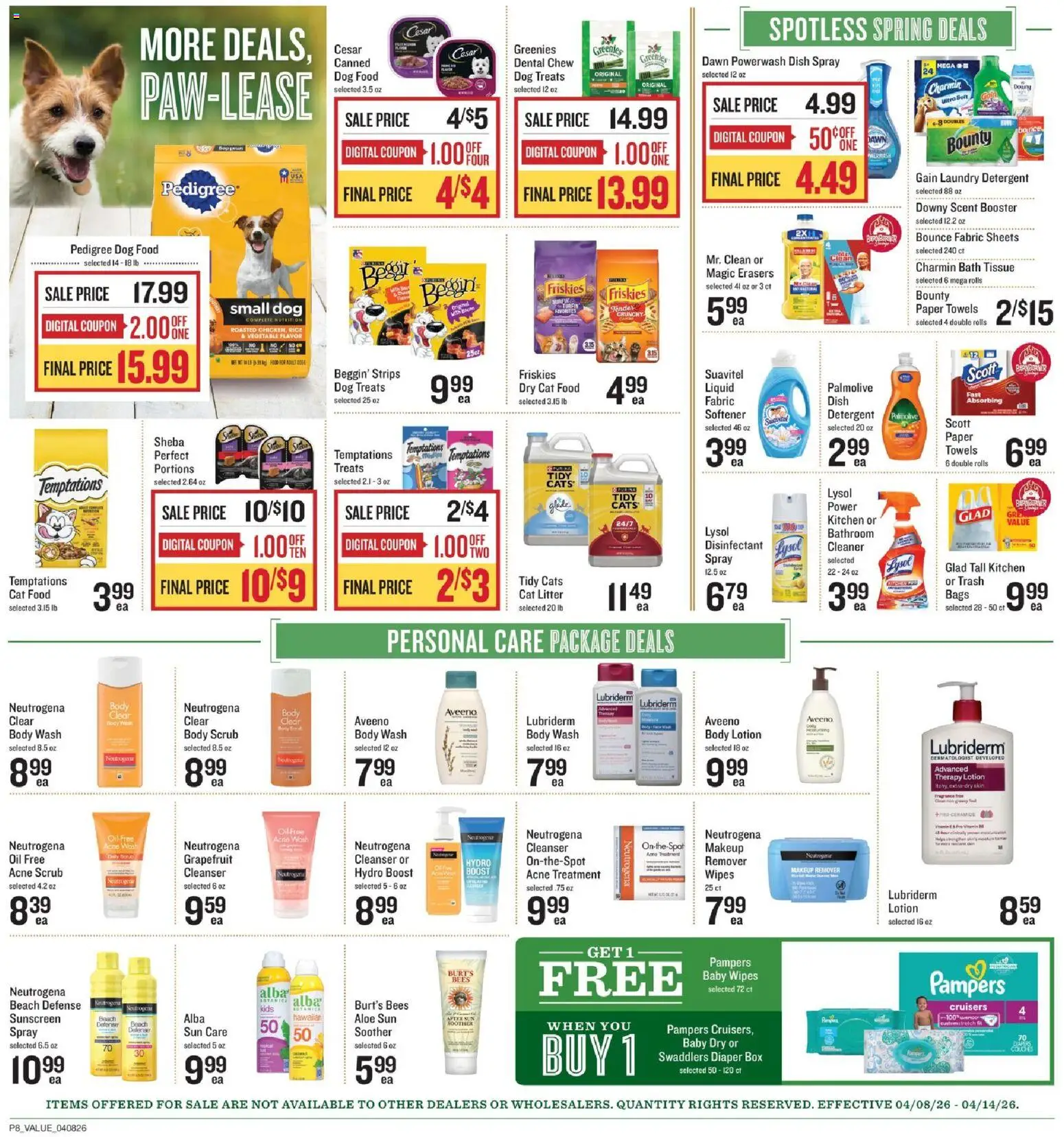Lowes Foods Weekly Ad - NC - valid from 08.04.2026 | Page: 8 | Products: Dog Treats, Cat Food, Detergent, Body Wash