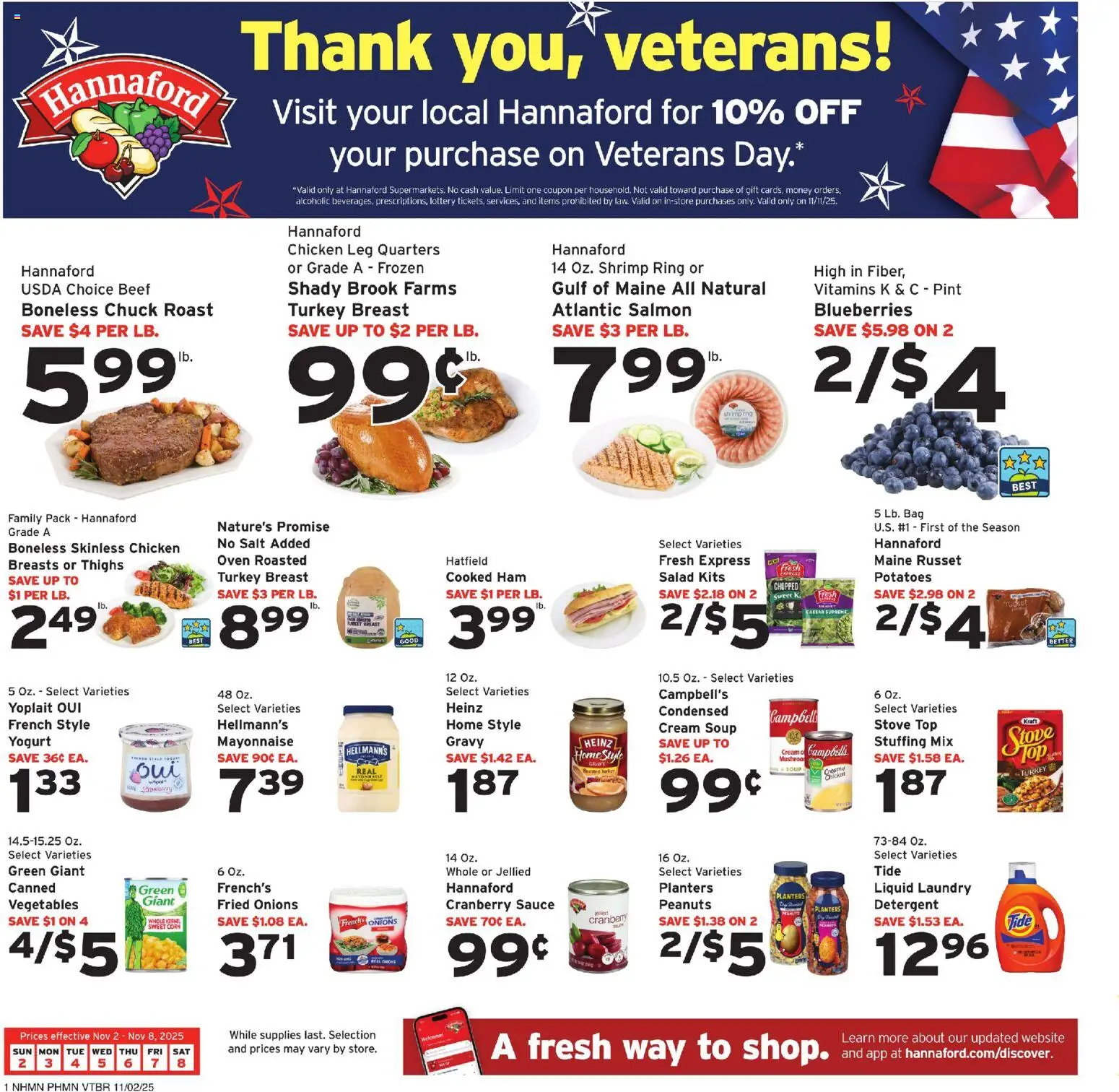 Hannaford Weekly Ad - valid from 02.11.2025 | Page: 1 | Products: Potatoes, Vegetables, Blueberries, Stove