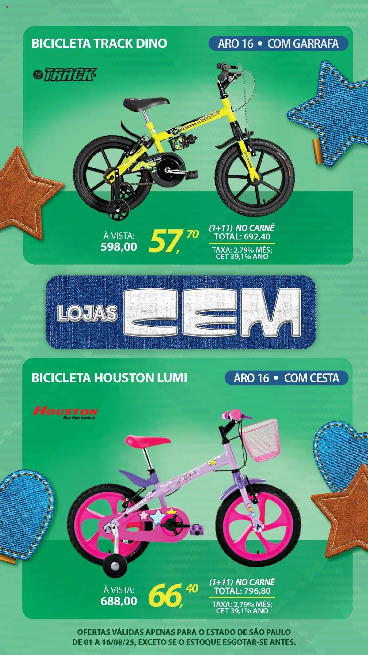 Lojas Cem Folheto - válido de 01.08.2025 | Página: 104 | Produtos: Bicicleta, Cesta, Carne