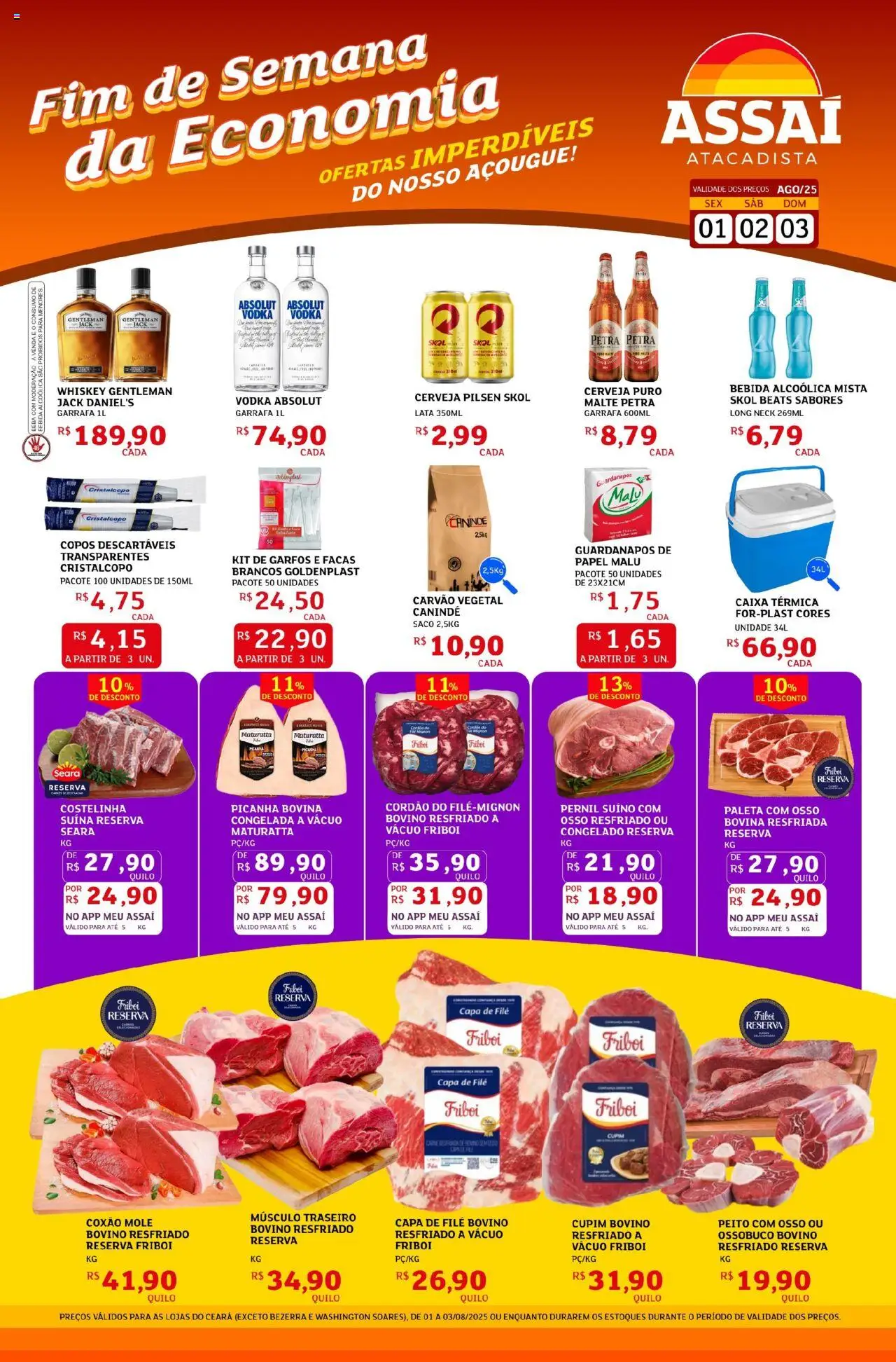 Assaí Atacadista Folheto - válido de 01.08.2025 | Página: 1 | Produtos: Picanha, Garfos, Cerveja, Vodka
